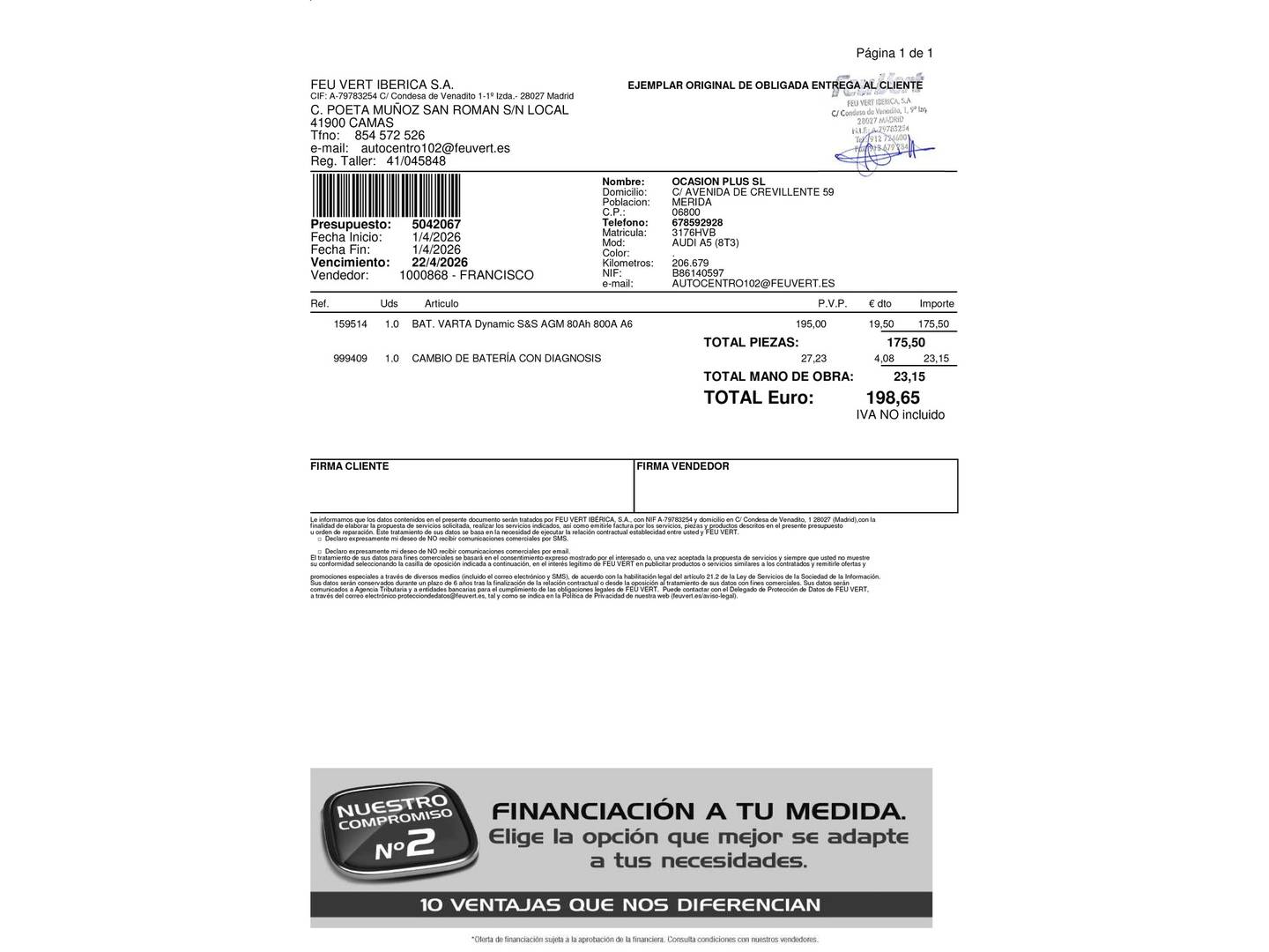 Foto del mantenimiento del Audi A5 Audi A5 Coupe 2.0 TFSI (225 CV) multitronic