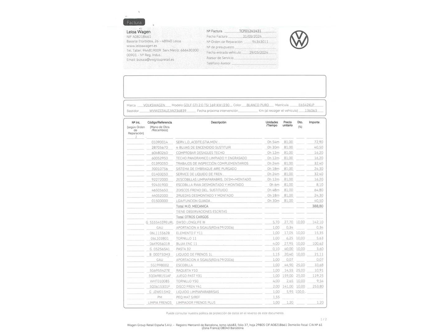 Foto del mantenimiento del Volkswagen Golf Volkswagen Golf GTI 2.0 TSI (230 CV)