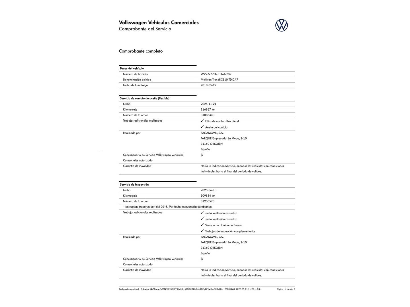 Foto del mantenimiento del Volkswagen Multivan Volkswagen Multivan The Original Corto 2.0 TDI BMT (150 CV) DSG 7 Plazas