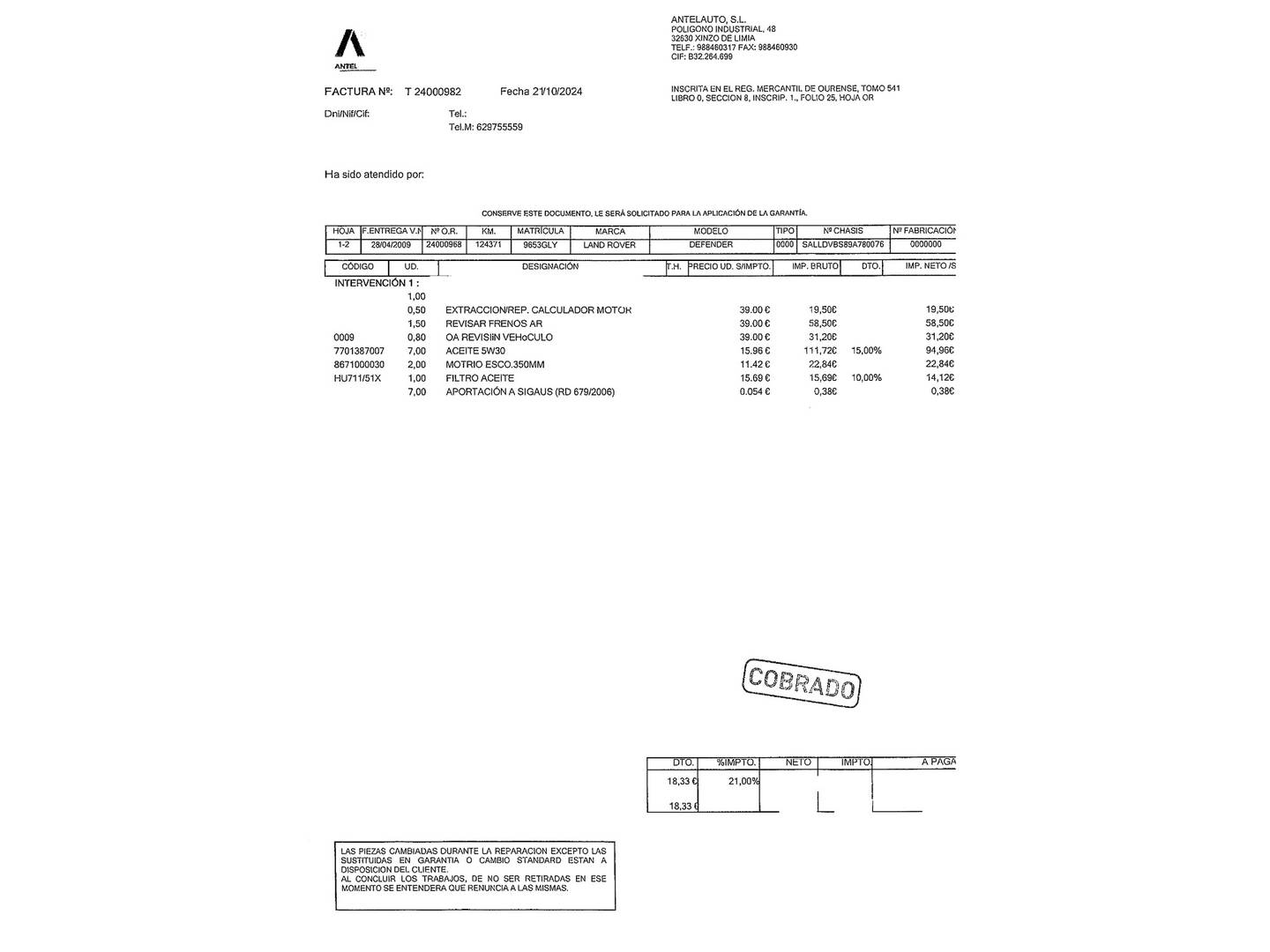 Foto del mantenimiento del Land Rover Defender Land Rover Defender Defender 90 SW S (122 CV)