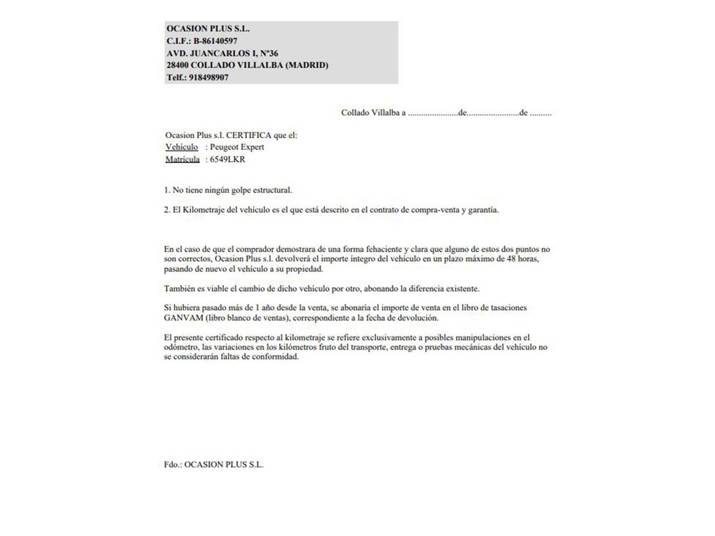 Foto del certificado del Peugeot Expert Peugeot Expert Furgon DC 2.0 BlueHDi 120 Pro Standard (122 CV)