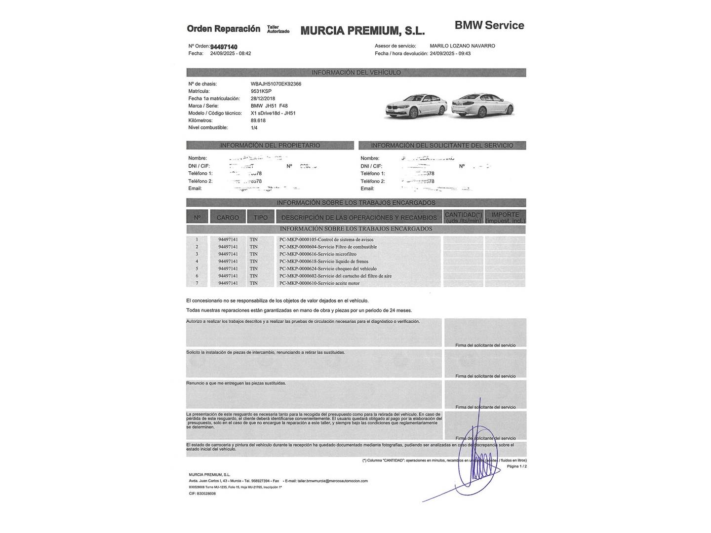 Foto del mantenimiento del BMW X1 BMW X1 sDrive18d (150 CV)