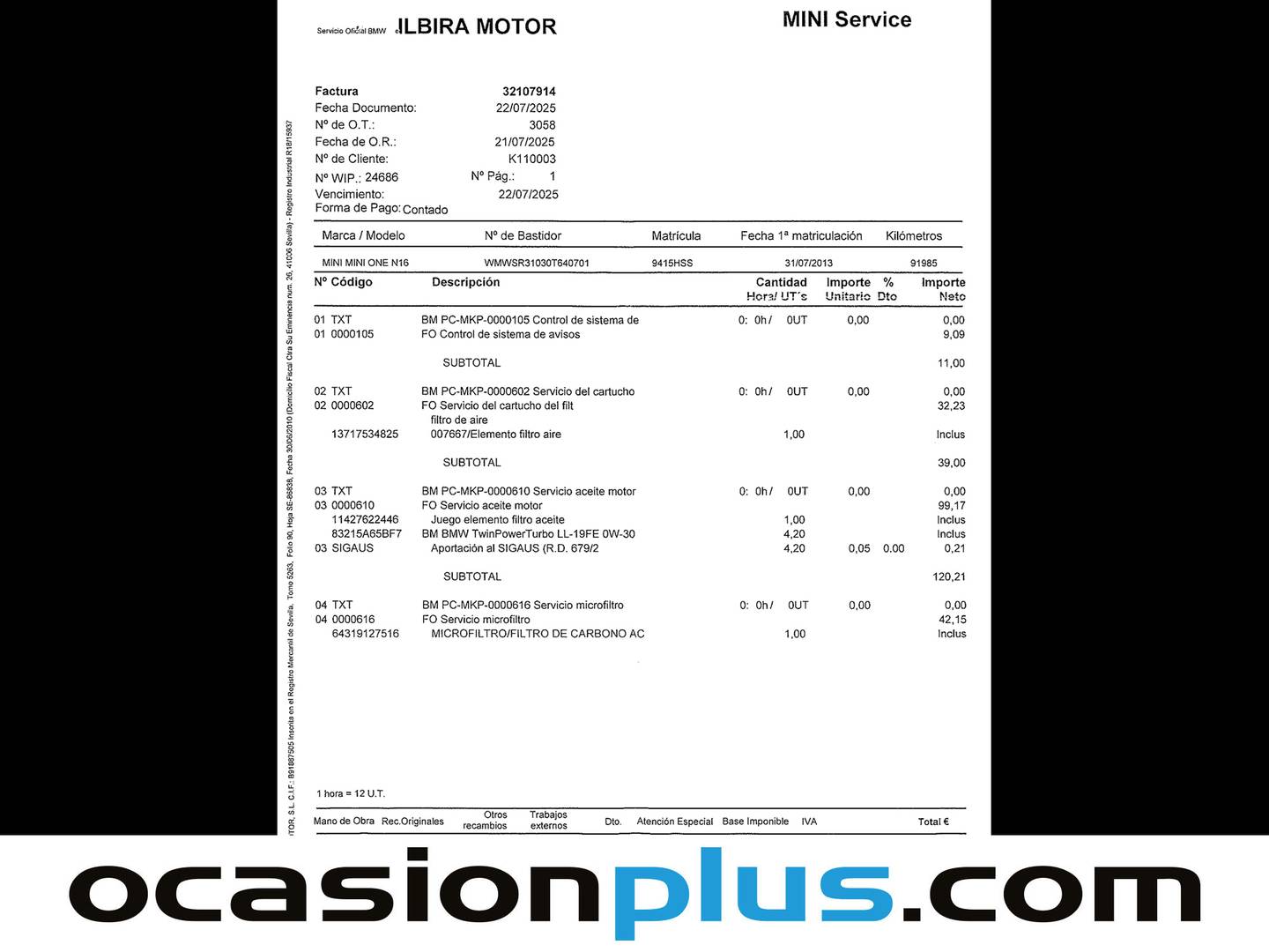 Foto del mantenimiento del Mini MINI MINI MINI Cooper One (98 CV)