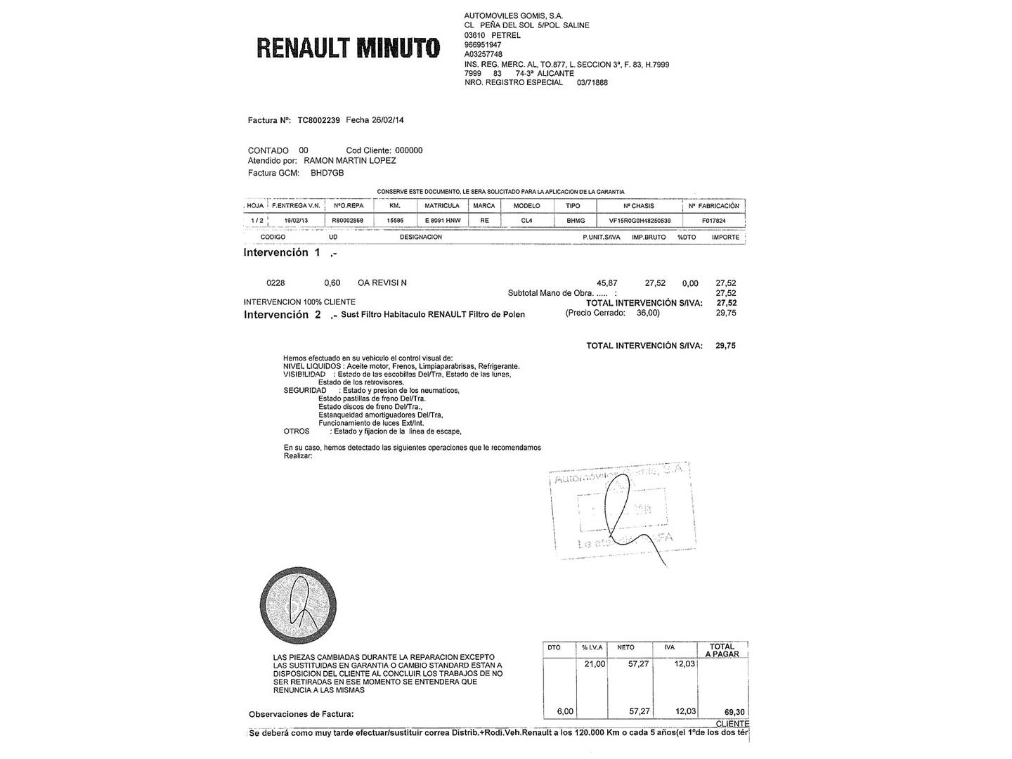 Foto del mantenimiento del Renault Clio Renault Clio Expression 1.2 16v (75 CV)