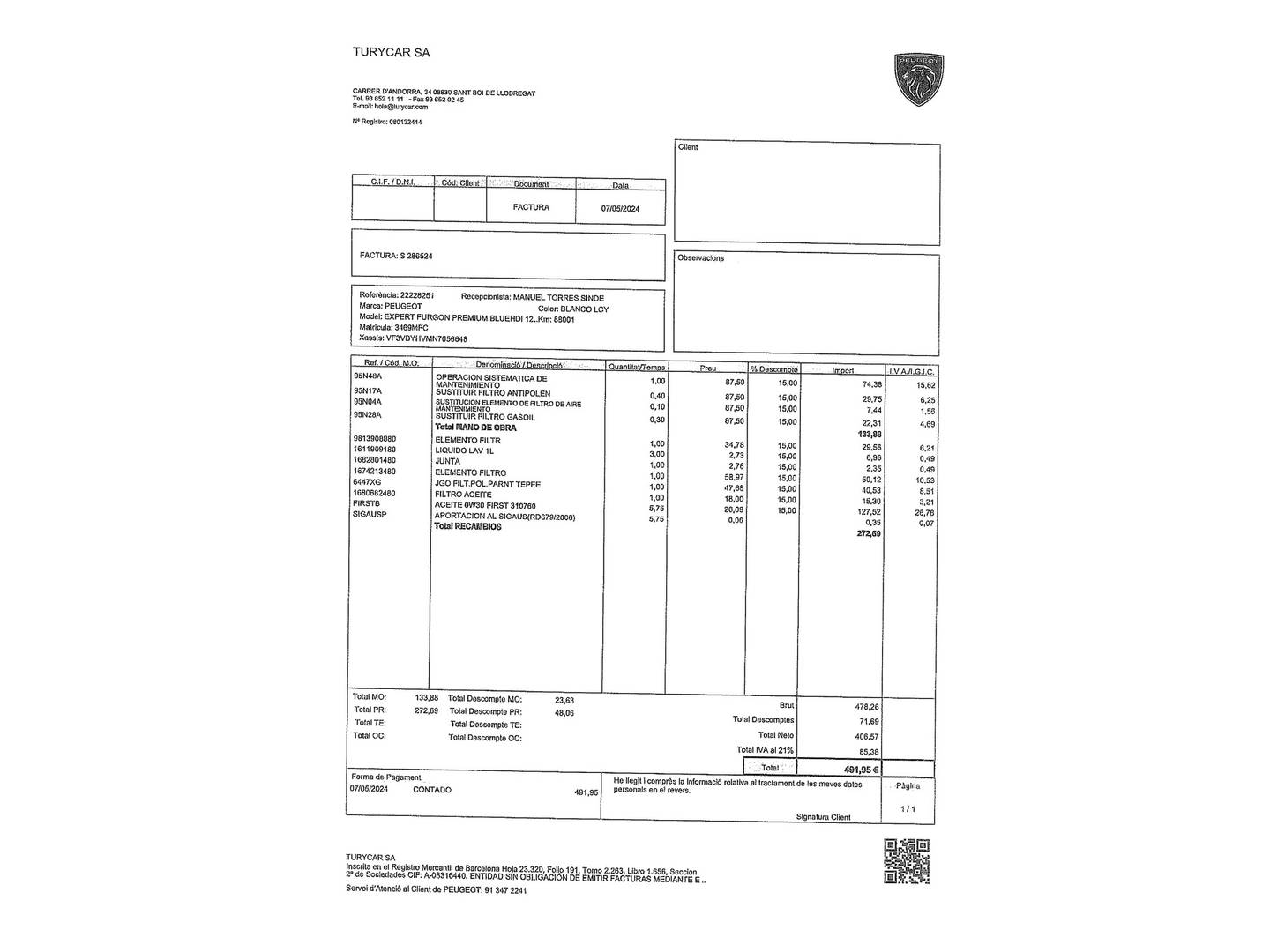 Foto del mantenimiento del Peugeot Expert Peugeot Expert Furgon BlueHDi 120 Premium (120 CV)