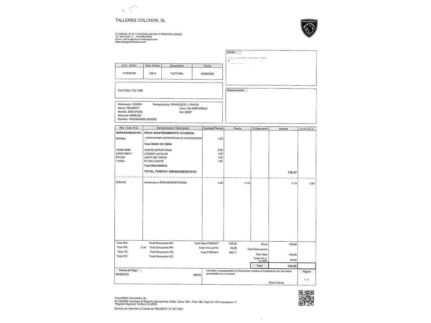 Foto del mantenimiento del Peugeot 2008 Peugeot 2008 PureTech 130 S&S Allure EAT8 (130 CV)