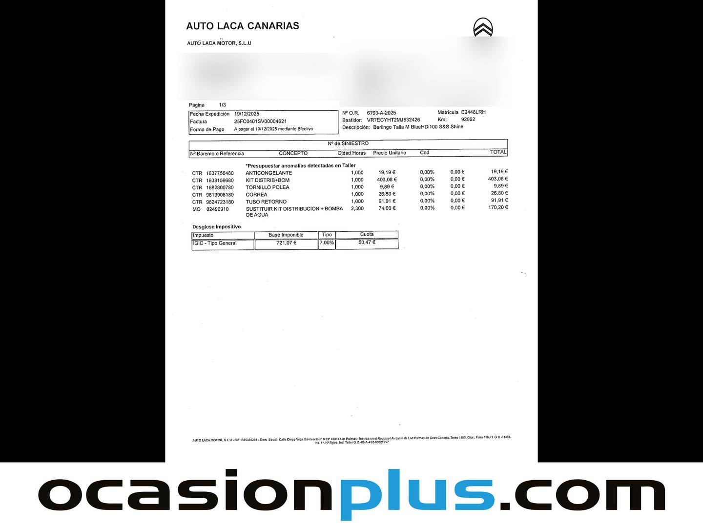 Foto del mantenimiento del Citroën Berlingo Citroën Berlingo BlueHDi 100 S&S Talla M Shine (102 CV)