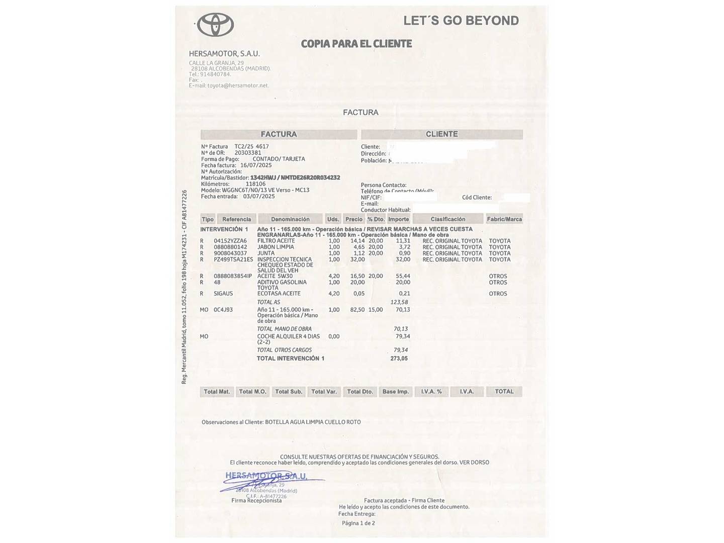 Foto del mantenimiento del Toyota Verso Toyota Verso 130 Advance (132 CV)