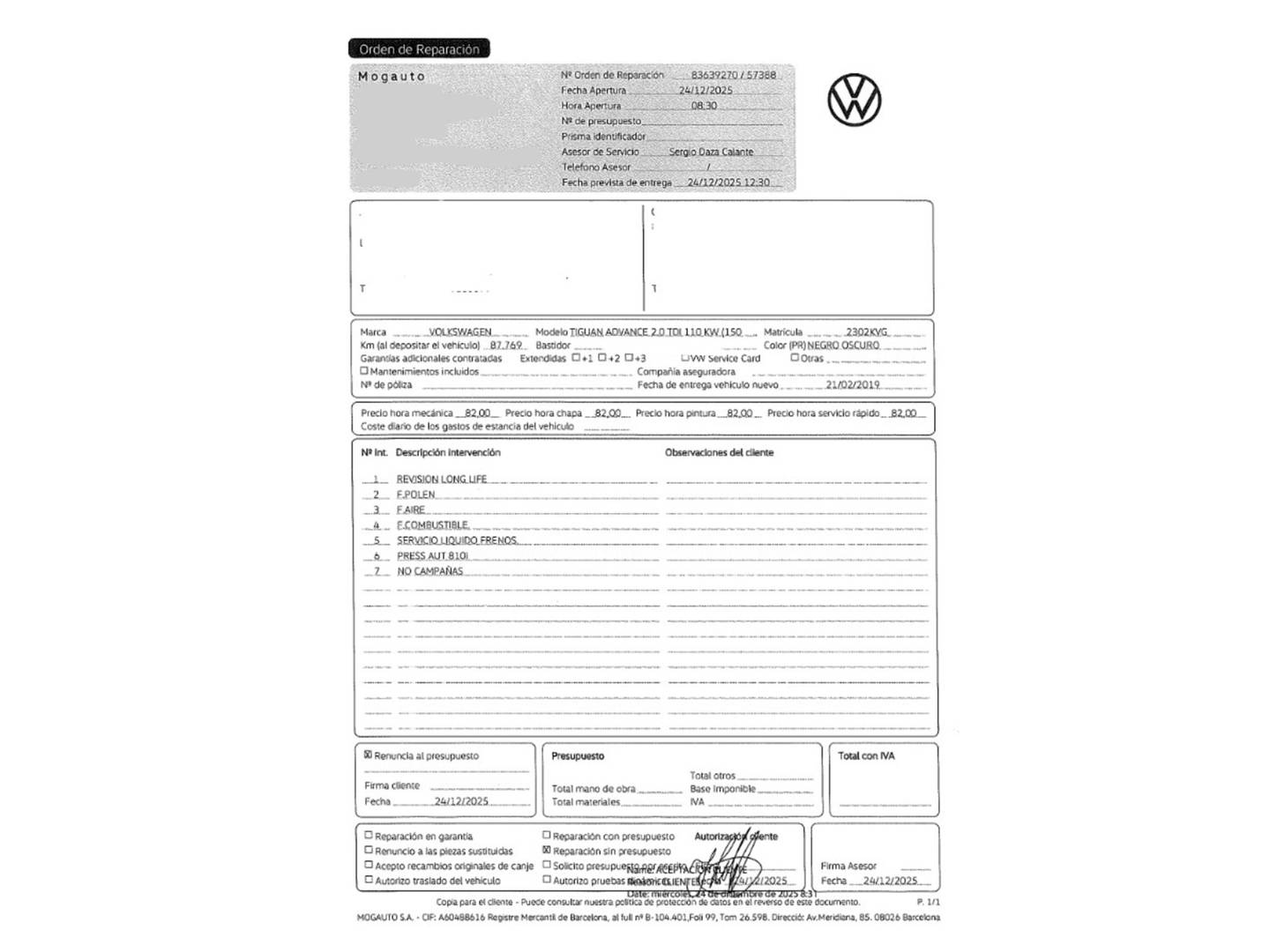 Foto del mantenimiento del Volkswagen Tiguan Volkswagen Tiguan Advance 2.0 TDI (150 CV) Pack R-line
