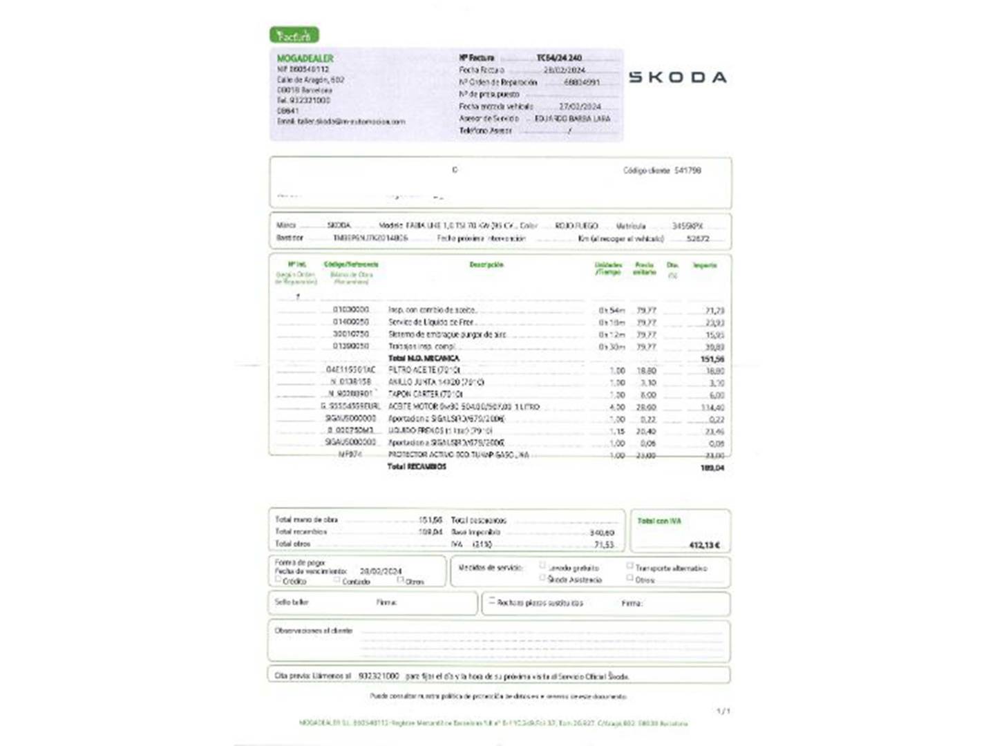 Foto del mantenimiento del Skoda Fabia Skoda Fabia 1.0 TSI Like  (95 CV)