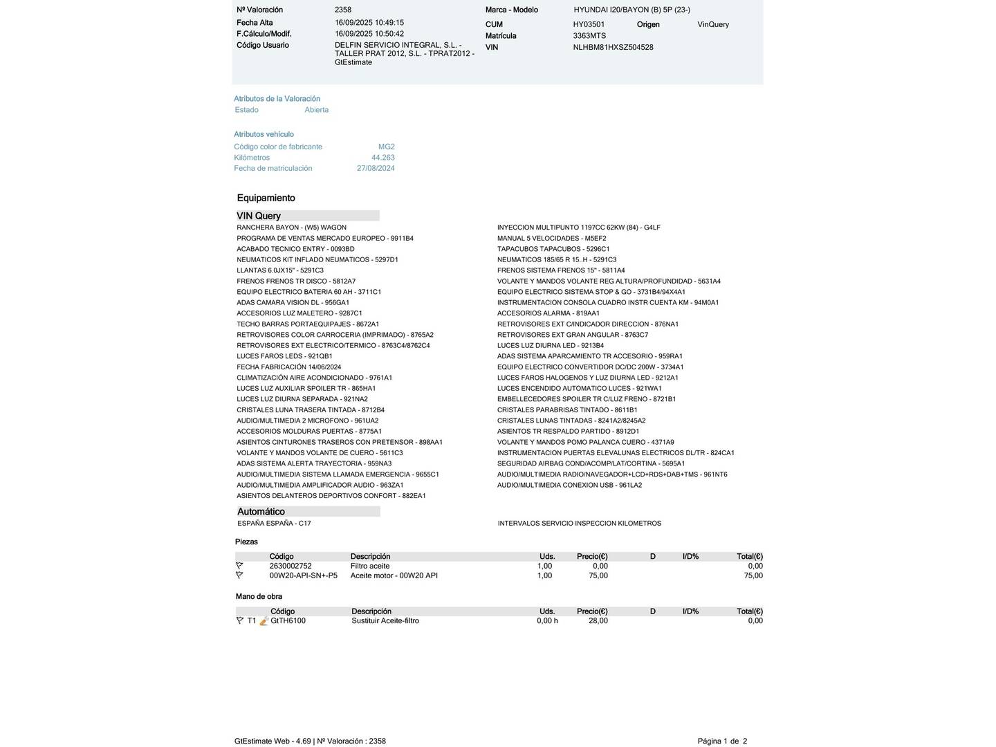 Foto del mantenimiento del Hyundai Bayon Hyundai Bayon 1.2 MPI Klass (79 CV)
