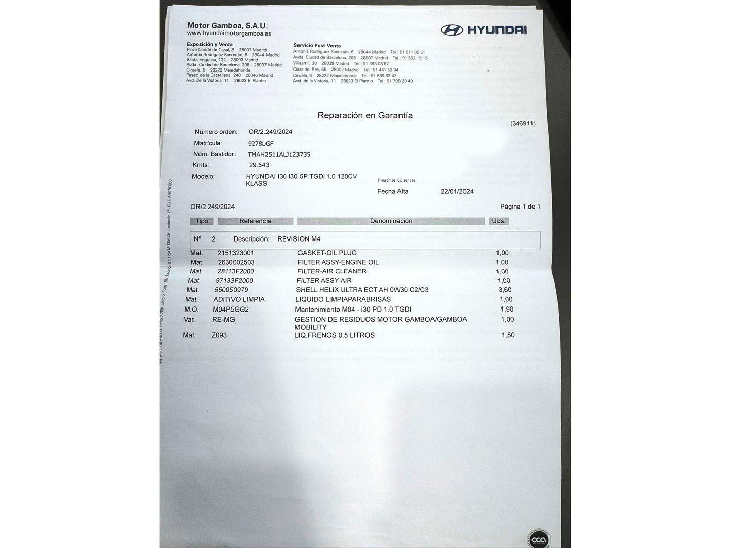 Foto del mantenimiento del Hyundai i30 Hyundai i30 1.0 TGDI Klass (120 CV)