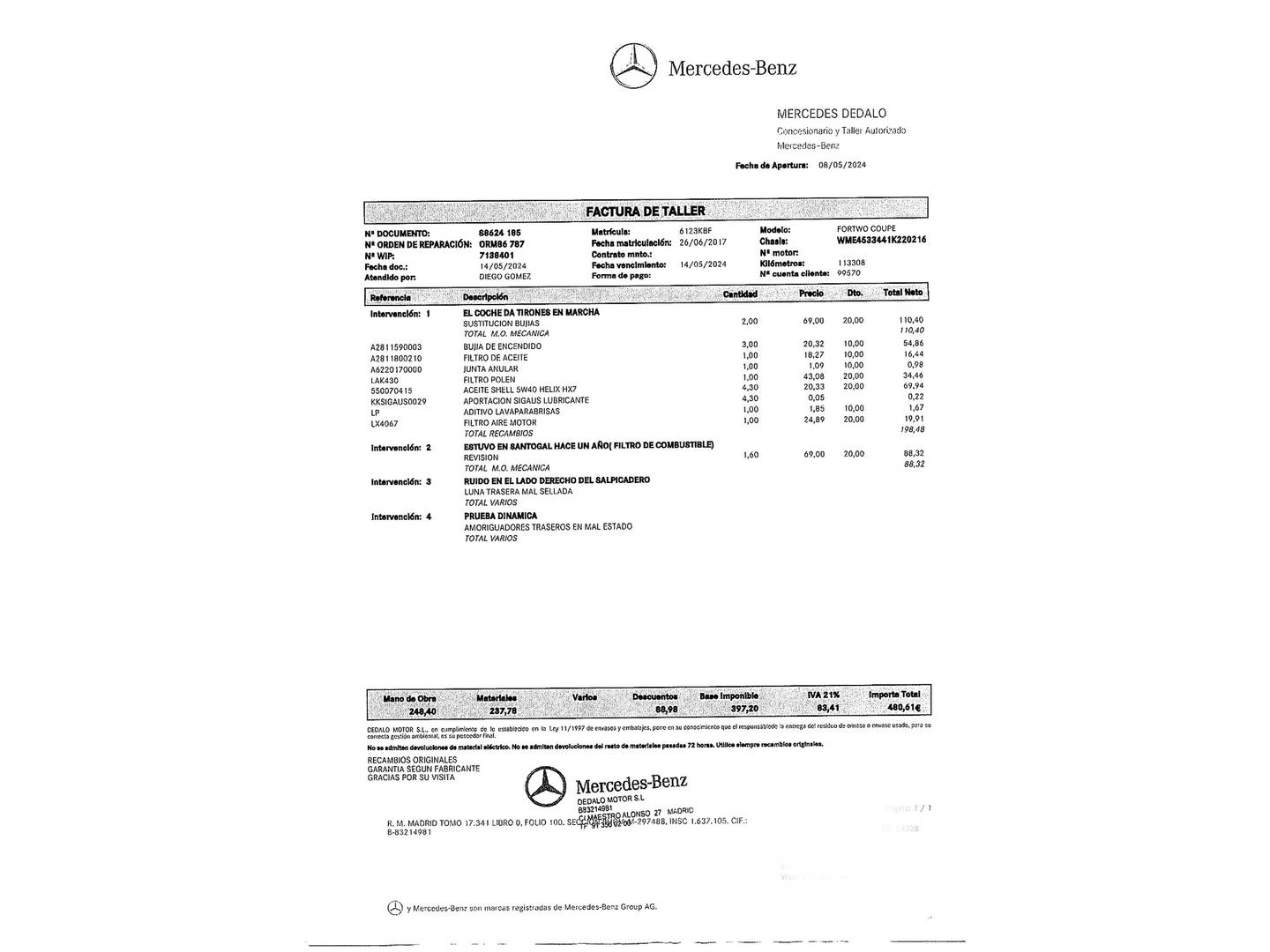 Foto del mantenimiento del Smart fortwo Smart ForTwo Coupe 66 Passion (90 CV)