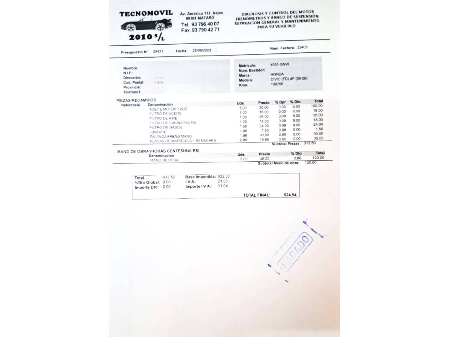 Foto del mantenimiento del Honda Civic Honda Civic 2.2 i-CTDi Sport (140 CV)