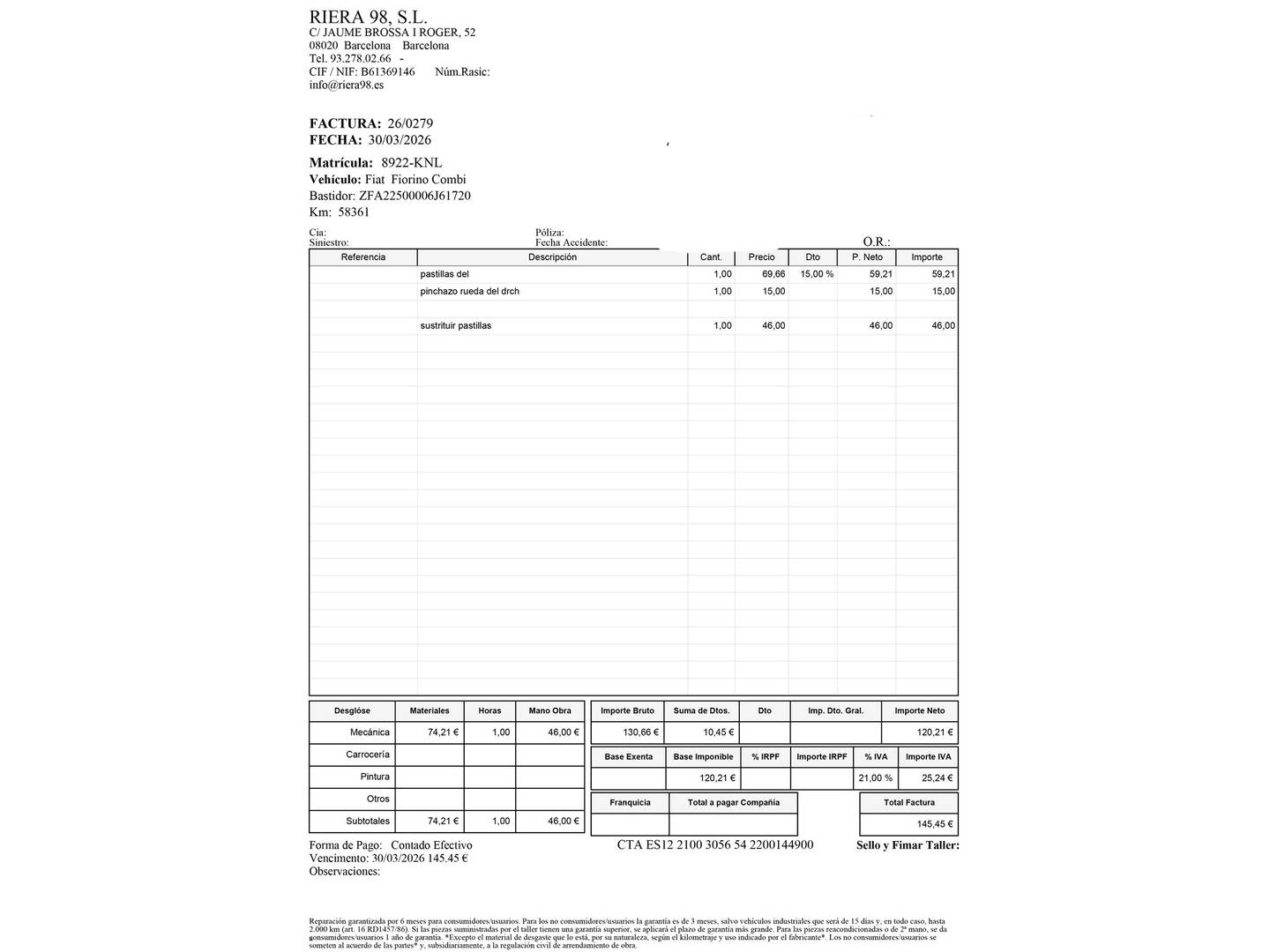 Foto del mantenimiento del Fiat Fiorino Fiat Fiorino Cargo Furgon 1.3 Multijet Base (80 CV)