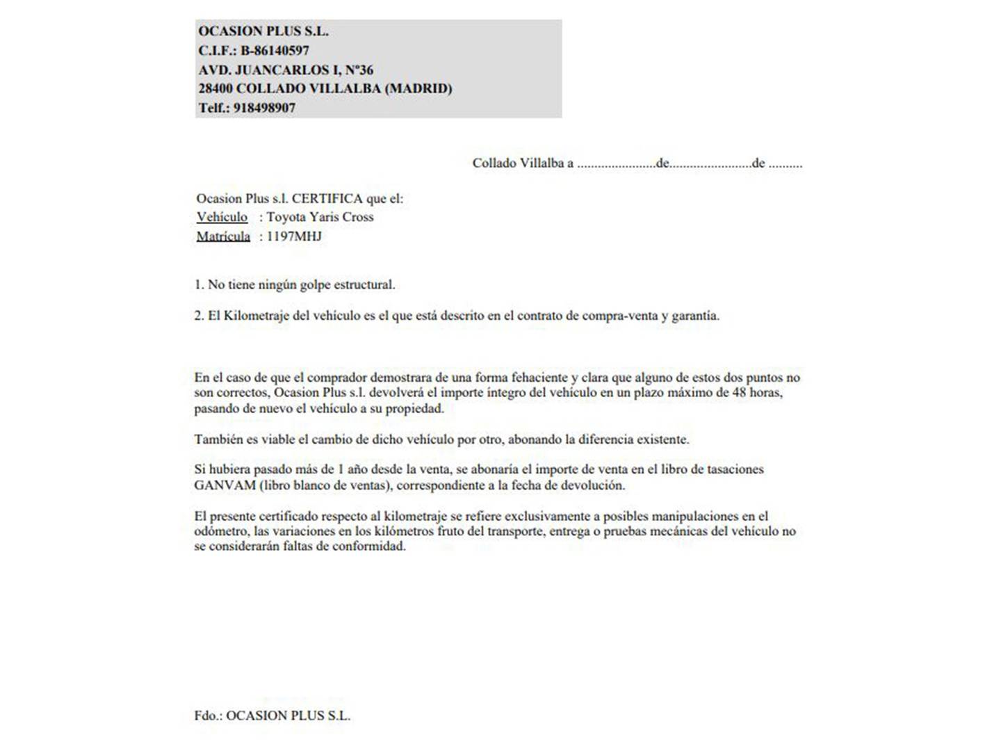 Foto del certificado del Toyota Yaris Cross Toyota Yaris Cross 120H Active Tech (116 CV)