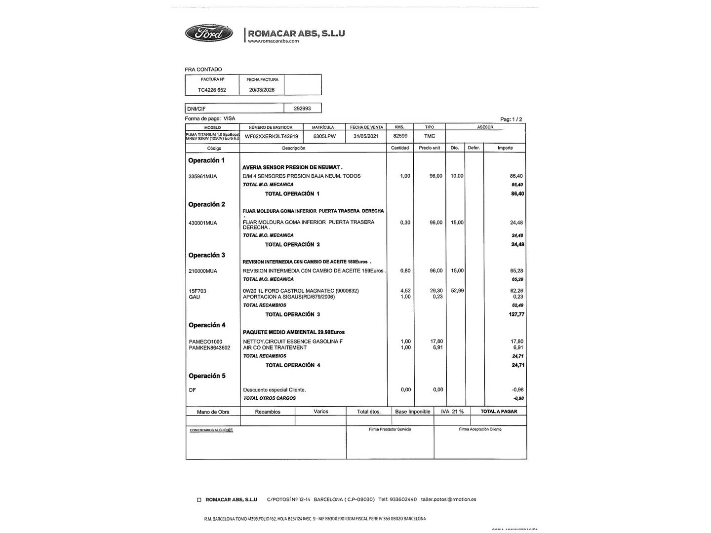 Foto del mantenimiento del Ford Puma Ford Puma 1.0 EcoBoost MHEV Titanium (125 CV)