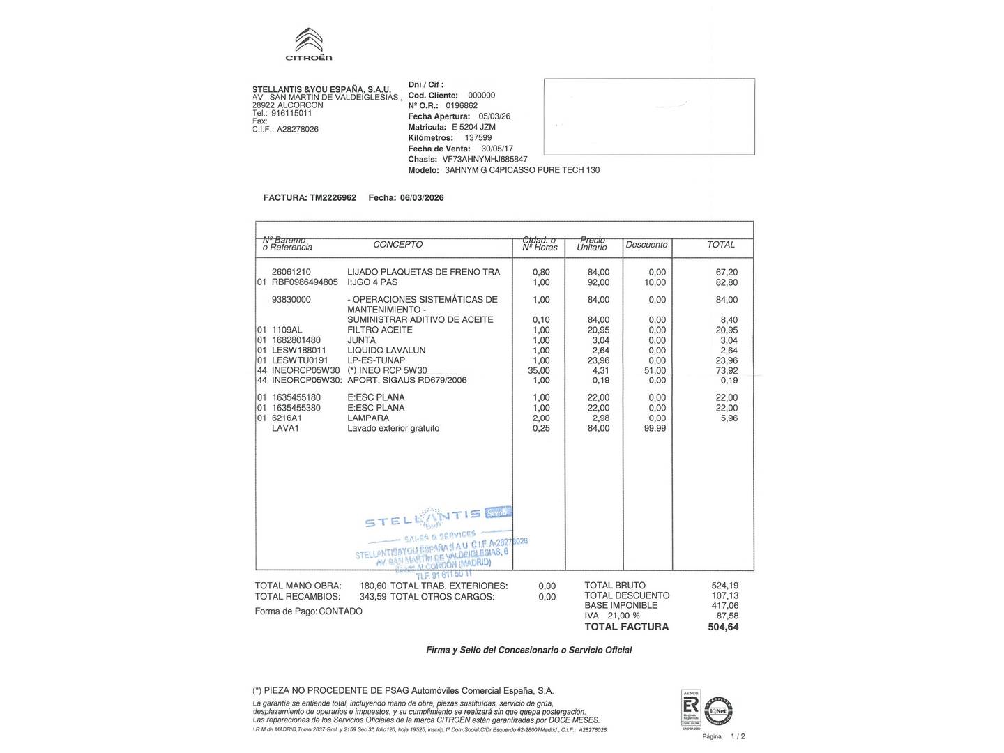 Foto del mantenimiento del Citroën Grand C4 Picasso Citroën Grand C4 Picasso PureTech 130 S&S Feel (130 CV) 7 Plazas
