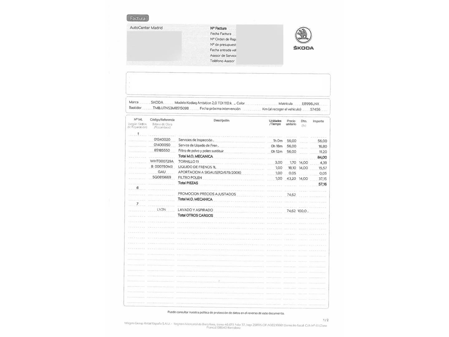 Foto del mantenimiento del Skoda Kodiaq Skoda Kodiaq 2.0 TDI Ambition 4x2 DSG (150 CV) 7 Plazas