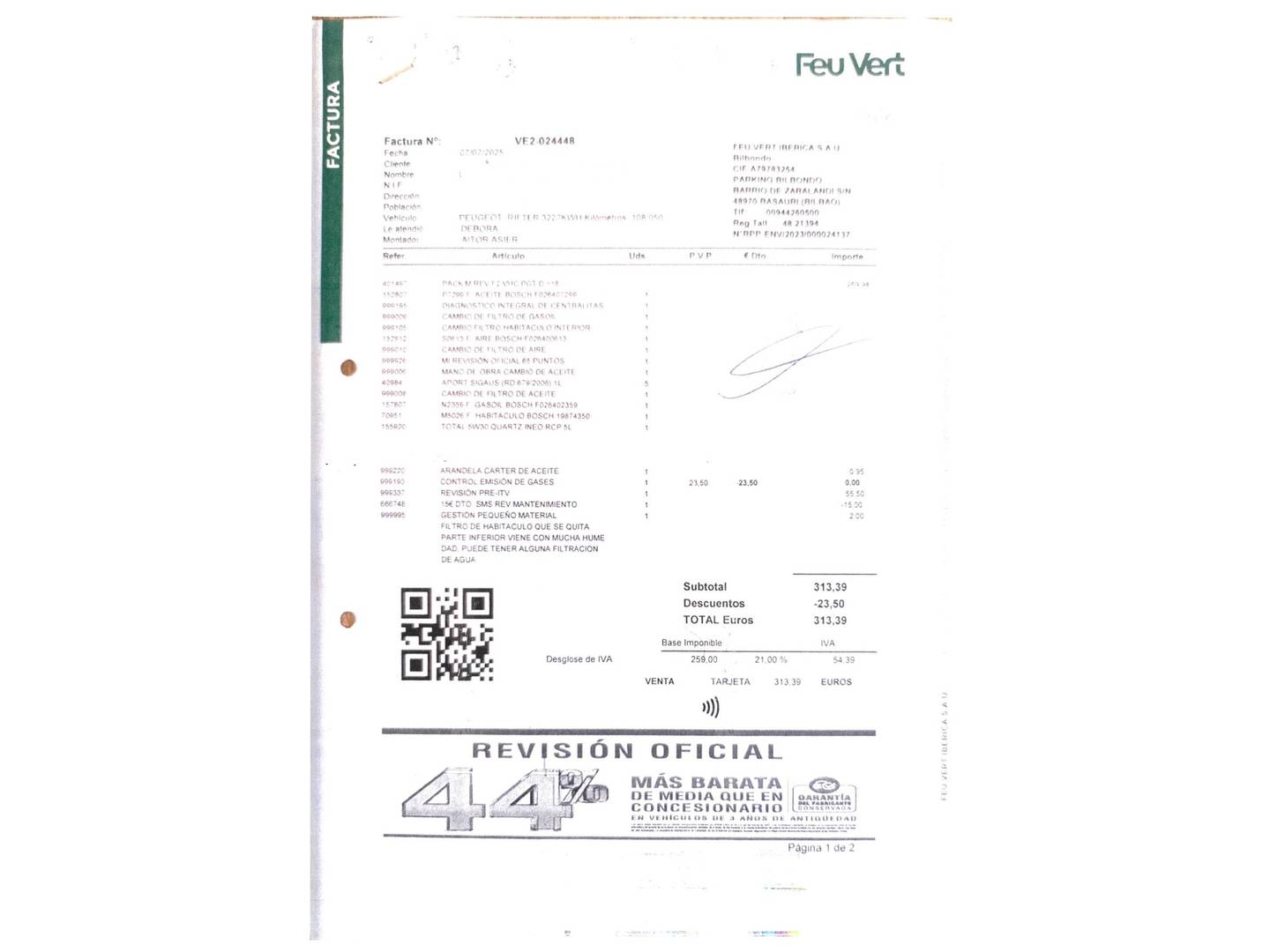 Foto del mantenimiento del Peugeot Rifter Peugeot Rifter BlueHDi 130 Allure Standard (130 CV)