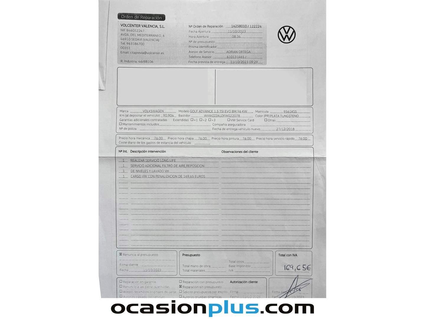 Foto del mantenimiento del Volkswagen Golf Volkswagen Golf Advance 1.5 TSI Evo BM (130 CV)