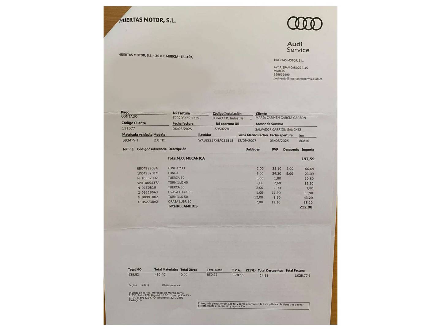 Foto del mantenimiento del Audi A3 Audi A3 Sportback 2.0 TDI DPF  (140 CV) S tronic