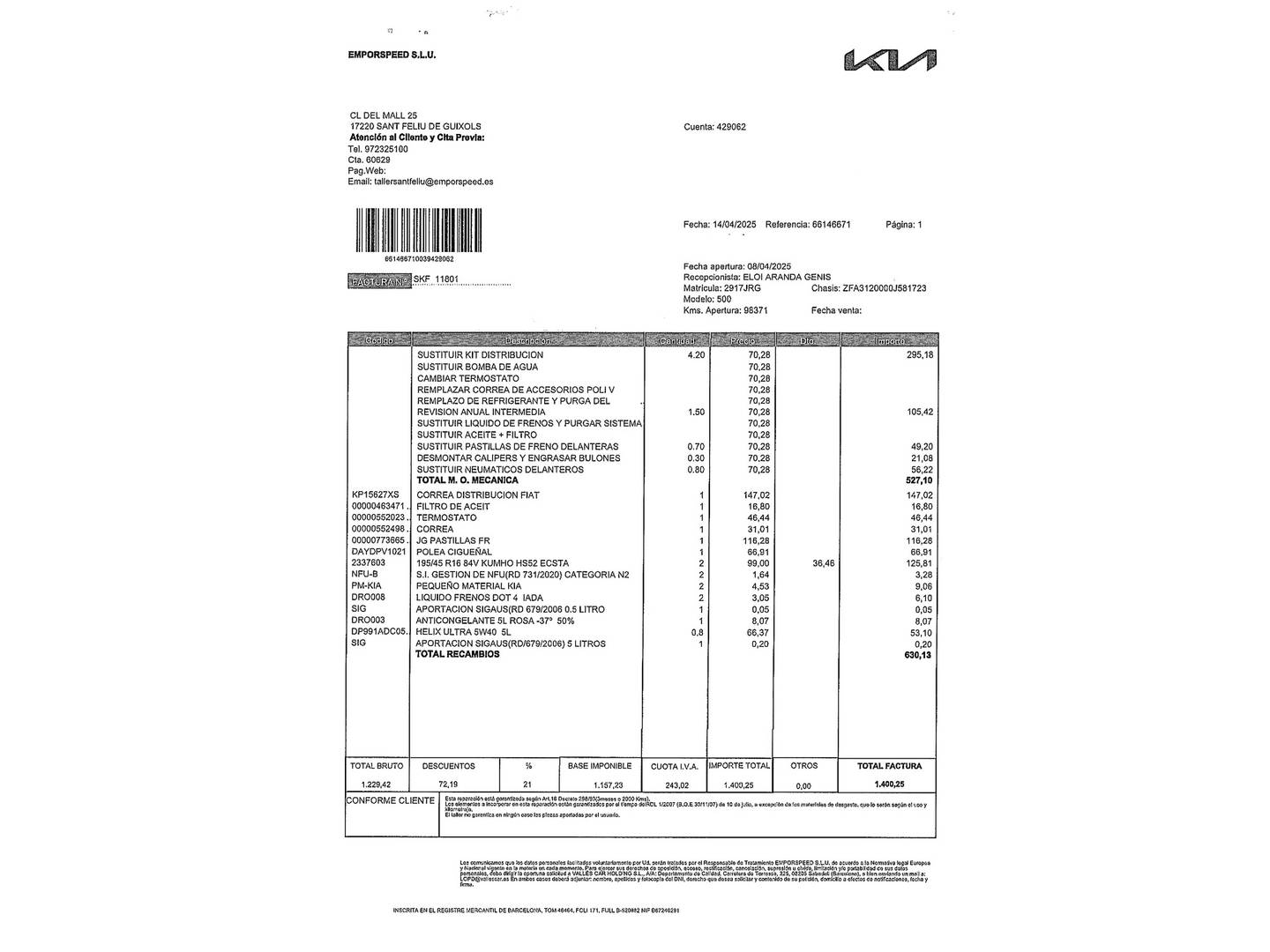Foto del mantenimiento del Fiat 500C Fiat 500C 1.2 8v Cabrio Lounge (69 CV)
