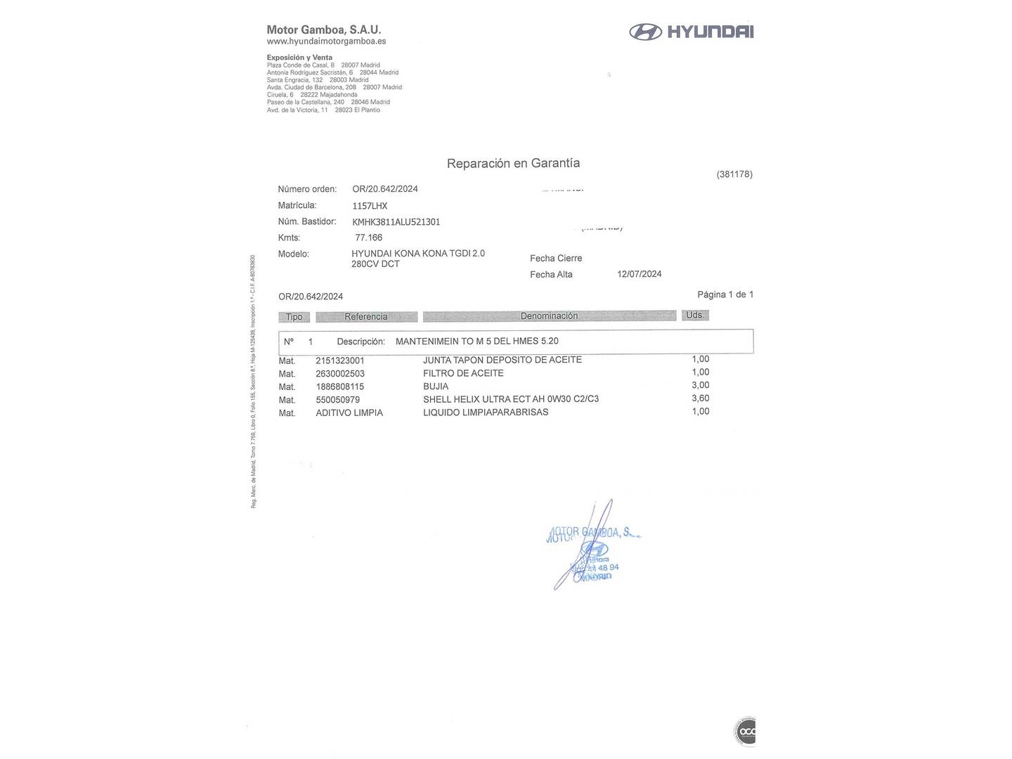 Foto del mantenimiento del Hyundai Kona Hyundai Kona 1.0 TGDI SLE 4x2 (120 CV)