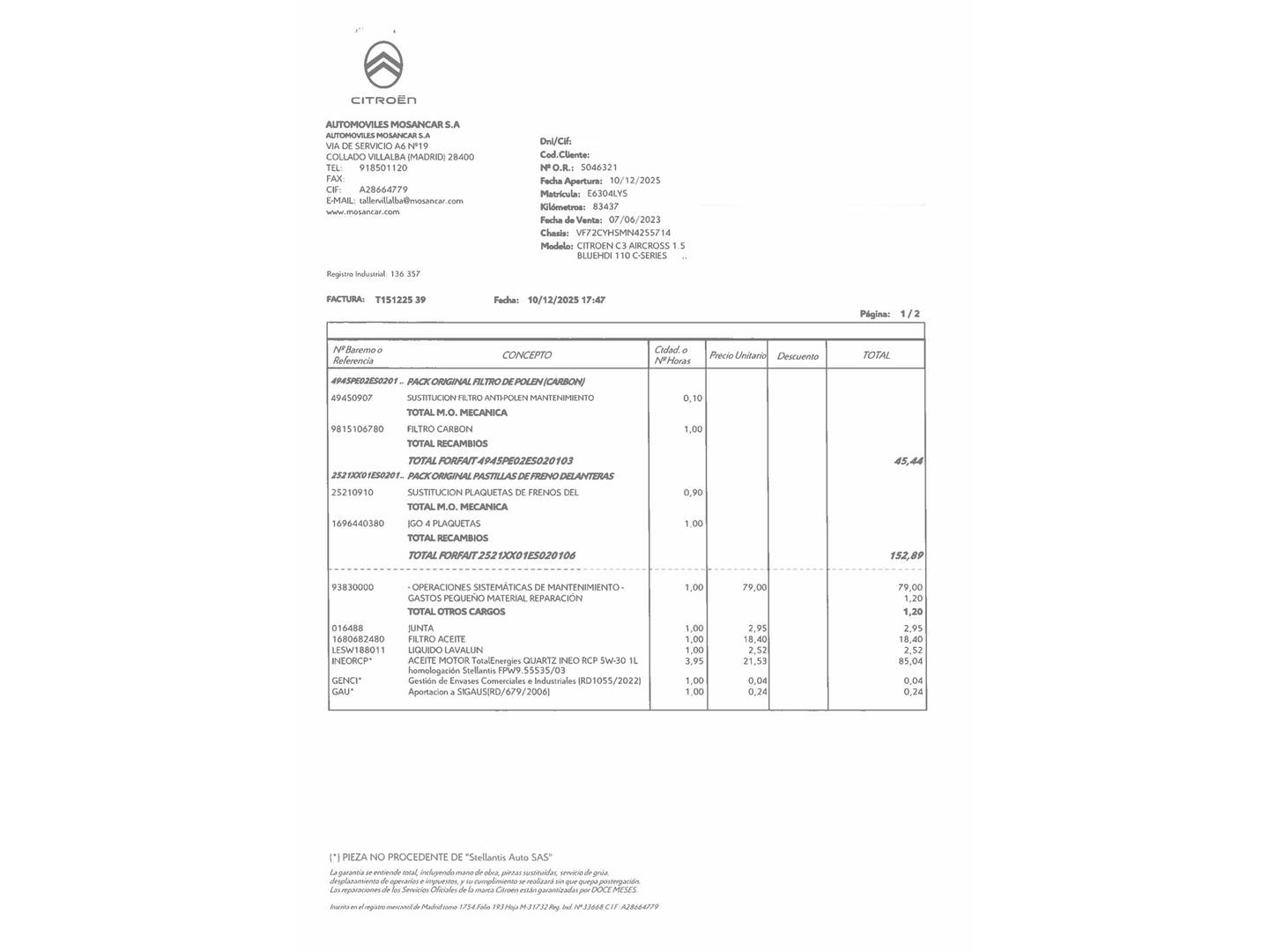 Foto del mantenimiento del Citroën C3 Aircross Citroen C3 Aircross BlueHDi 110 S&S C-Series (110 CV)