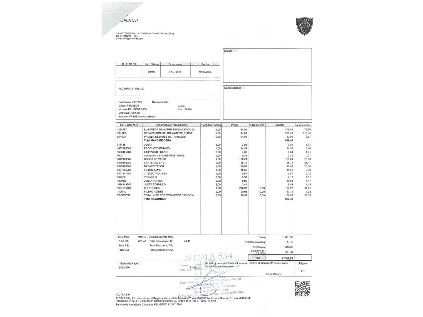 Foto del mantenimiento del Peugeot 2008 Peugeot 2008 PureTech 130 S&S GT Line (130 CV)