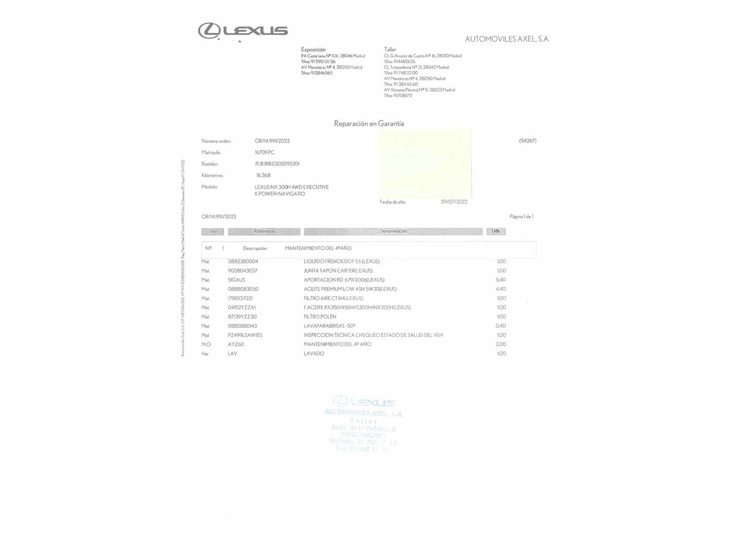 Foto del mantenimiento del Lexus NX Lexus NX NX 300h Luxury 4WD (197 CV)