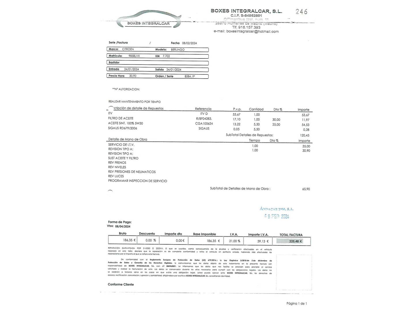 Foto del mantenimiento del Citroën Berlingo Citroën Berlingo Furgon BlueHDi 100 Talla M Control (102 CV)