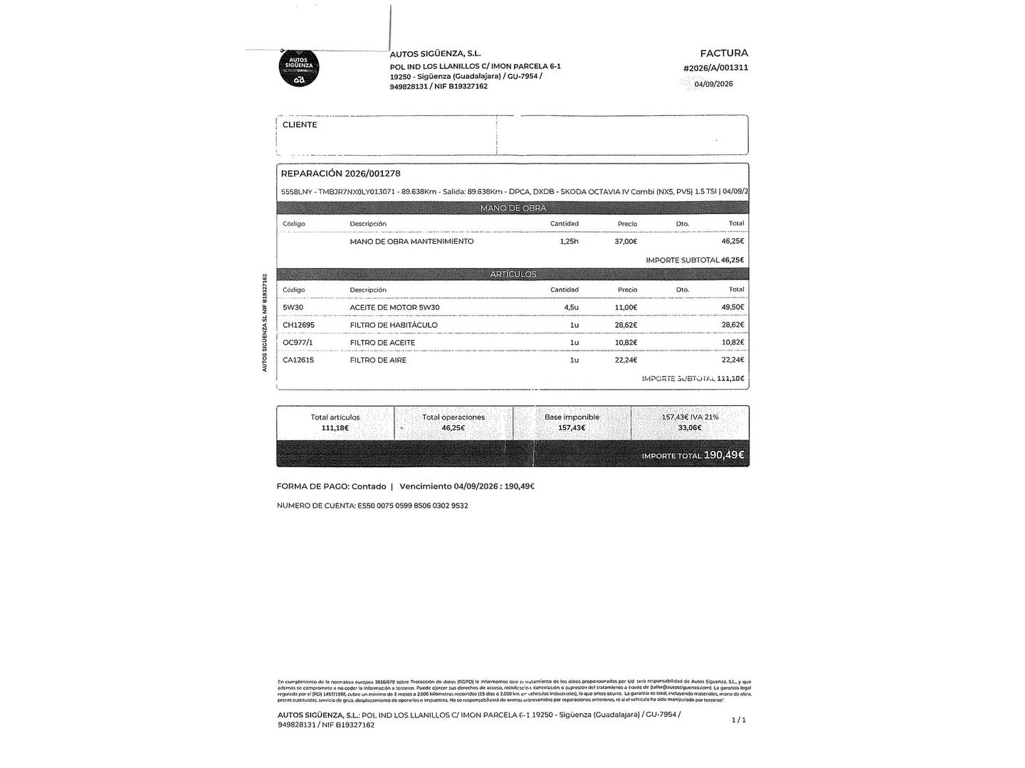 Foto del mantenimiento del Skoda Octavia Skoda Octavia Combi 1.5 TSI Style (150 CV)