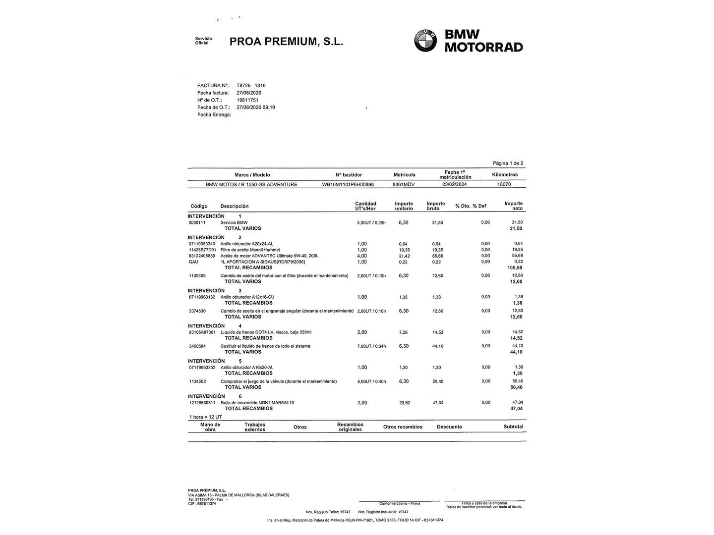 Foto del mantenimiento del BMW Motorrad R 1250 BMW Motorrad R 1250 GS Adventure (136 CV)