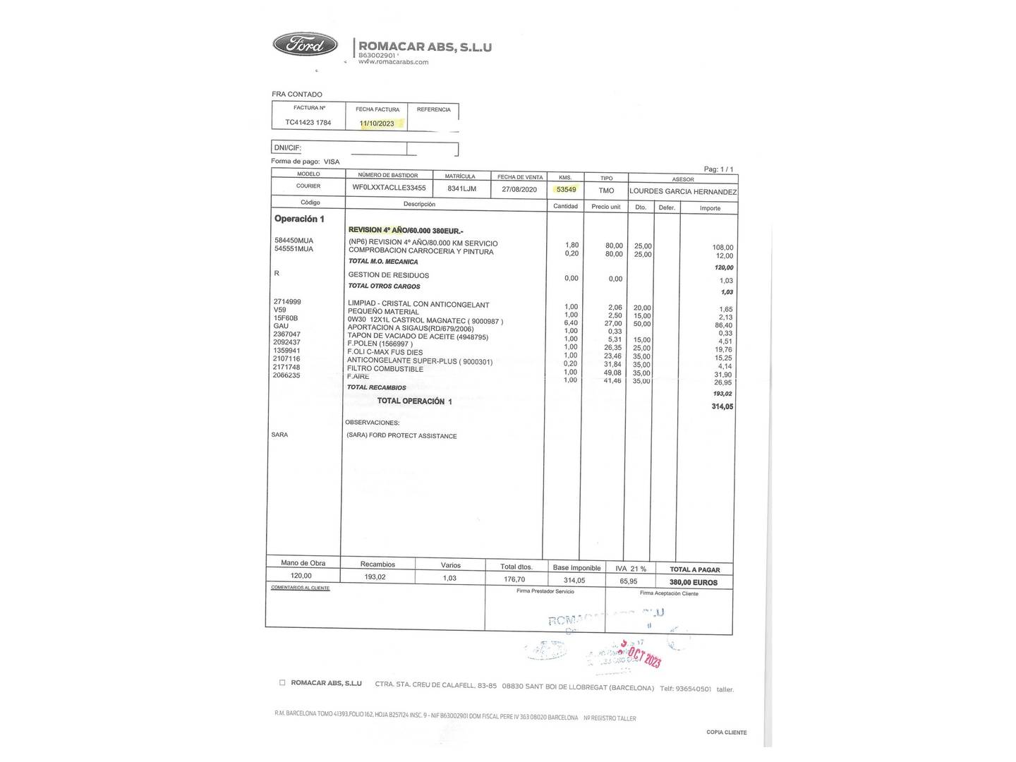 Foto del mantenimiento del Ford Tourneo Courier Ford Tourneo Courier 1.5 TDCi Sport (100 CV)