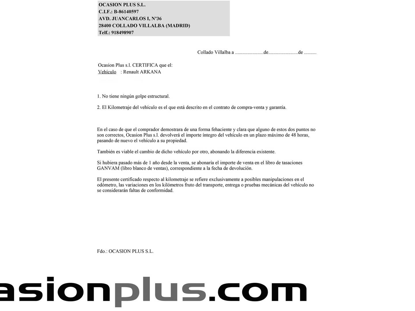 Foto del certificado del Renault Arkana Renault Arkana Techno TCe 140 Mild hybrid EDC (140 CV)