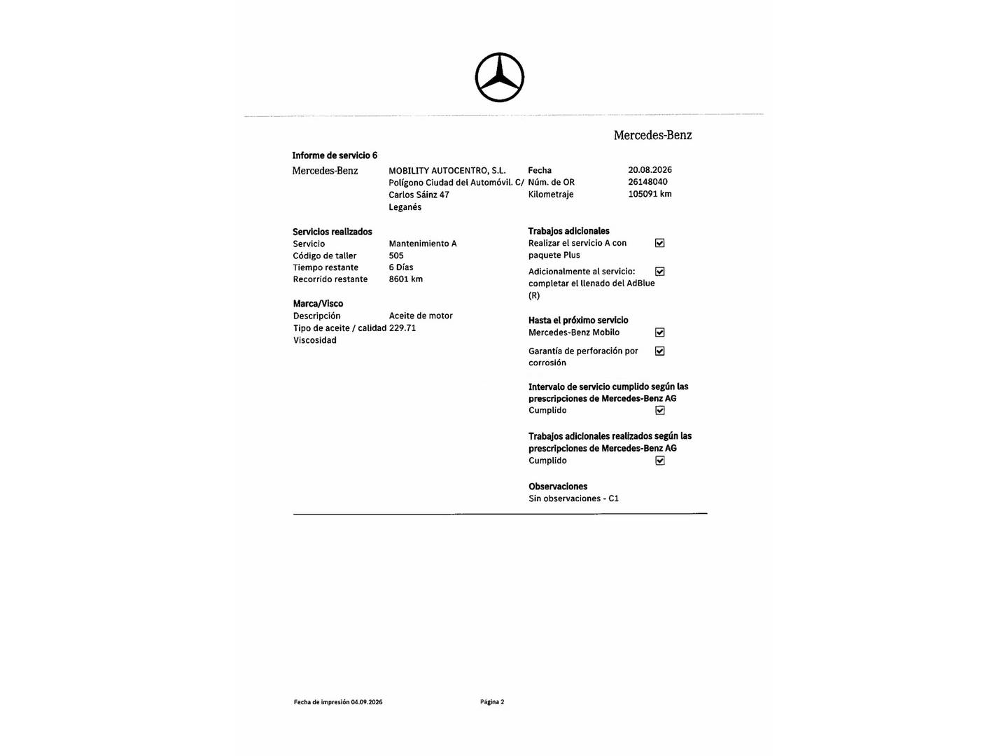 Foto del mantenimiento del Mercedes CLA Mercedes CLA 220 d (190 CV)
