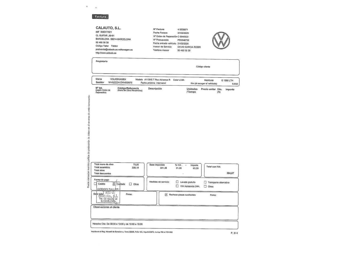 Foto del mantenimiento del Volkswagen T-Roc Volkswagen T-Roc Advance R-Line 1.5 TSI (150 CV) DSG