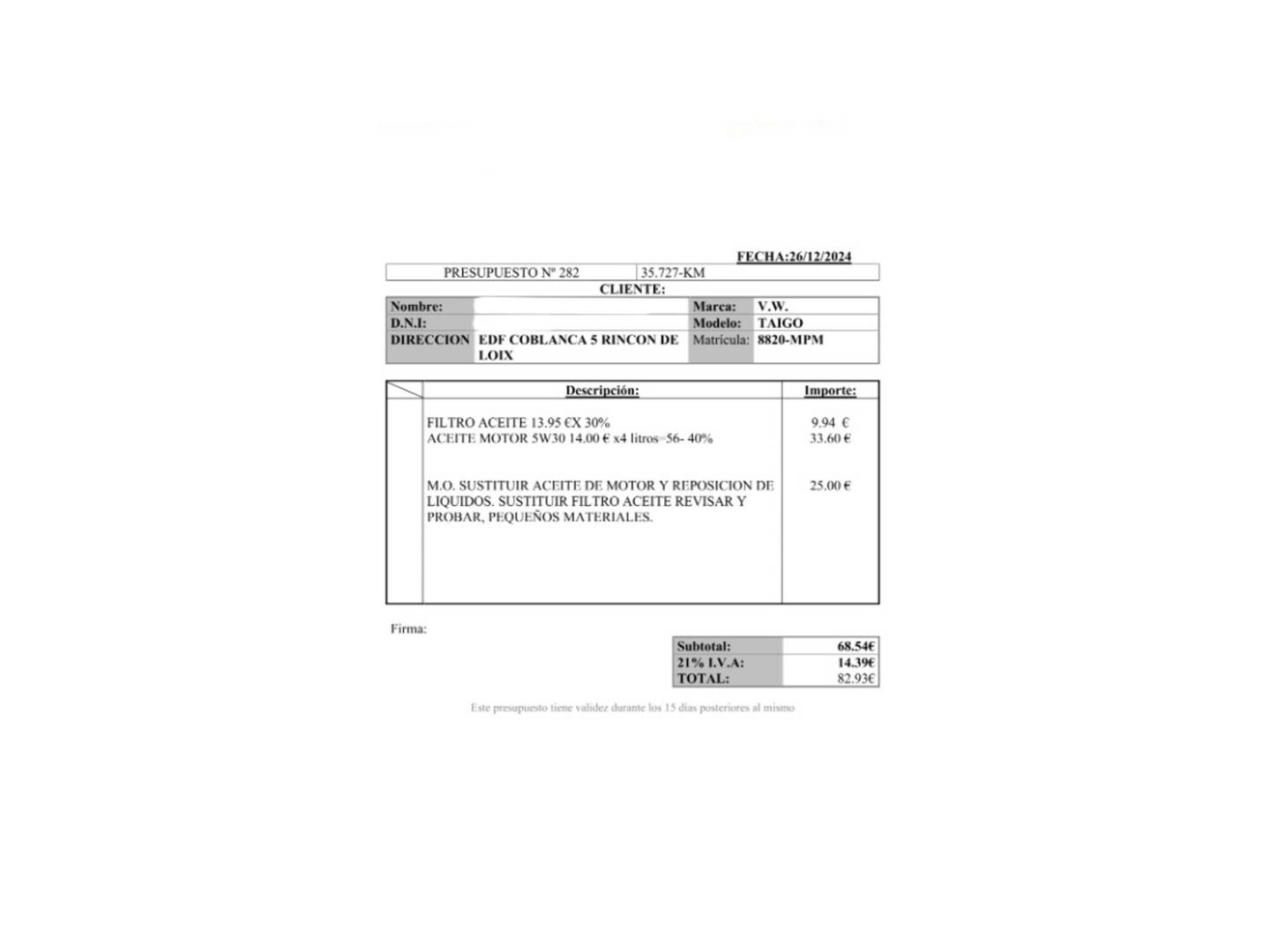 Foto del mantenimiento del Volkswagen Taigo Volkswagen Taigo Life 1.0 TSI (95 CV)