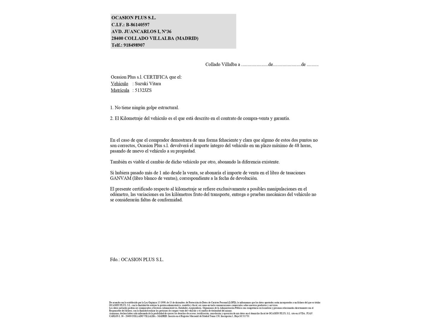 Foto del certificado del Suzuki Vitara Suzuki Vitara 1.6 VVT GLX (120 CV)