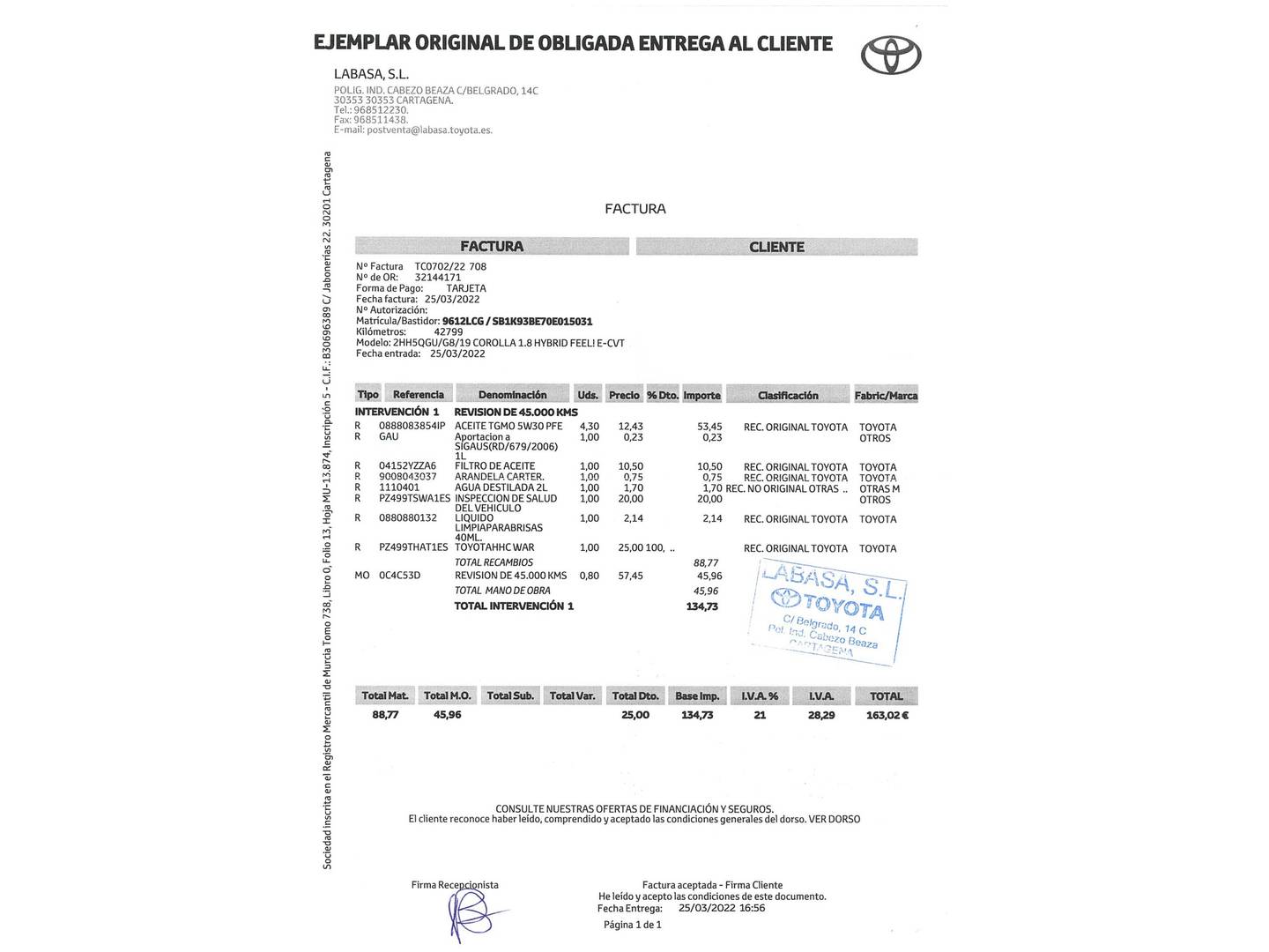 Foto del mantenimiento del Toyota Corolla Toyota Corolla 1.8 125 Híbrido Feel! E-CVT (122 CV)