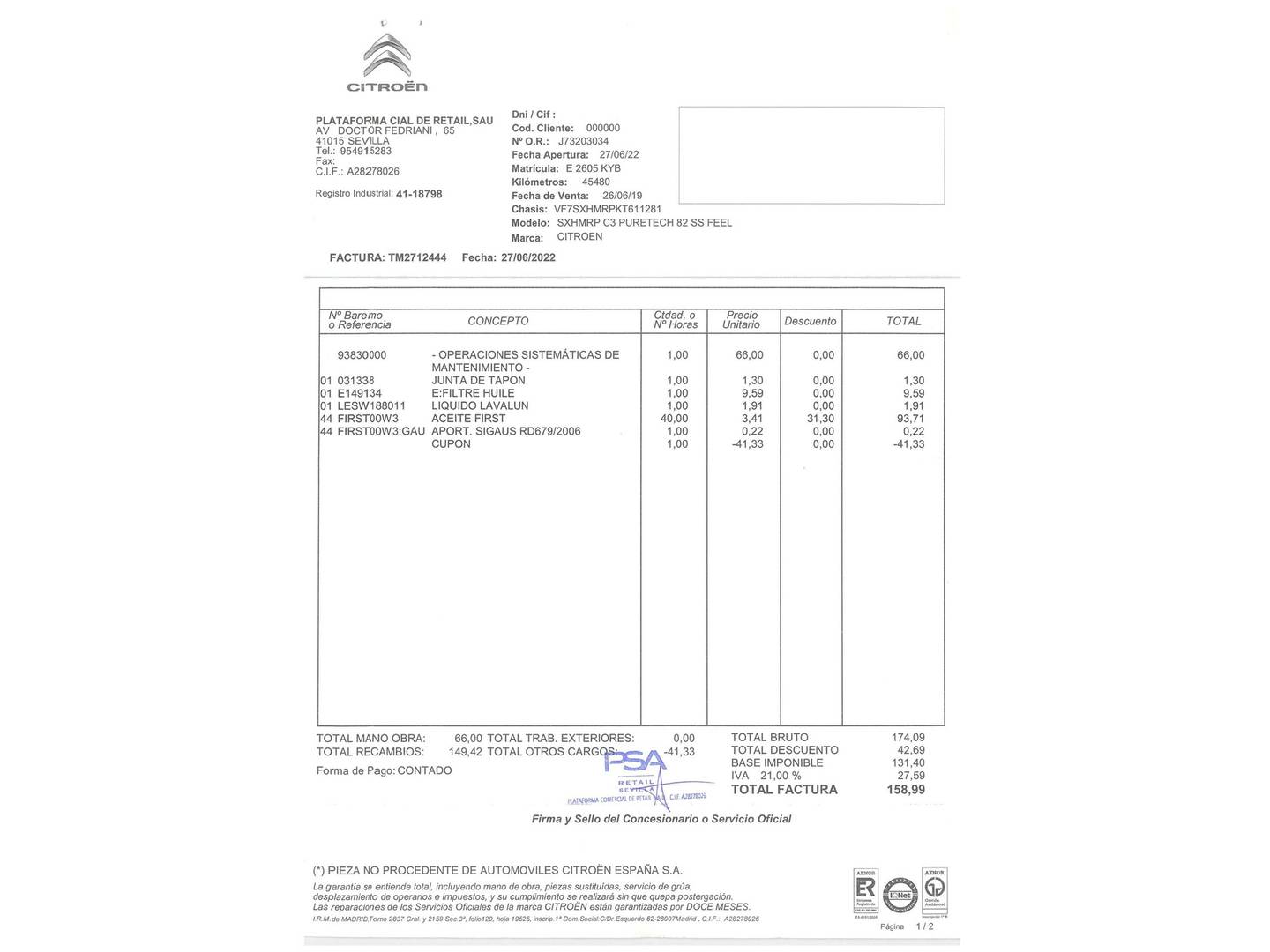 Foto del mantenimiento del Citroën C3 Citroën C3 PureTech 82 Feel (83 CV)