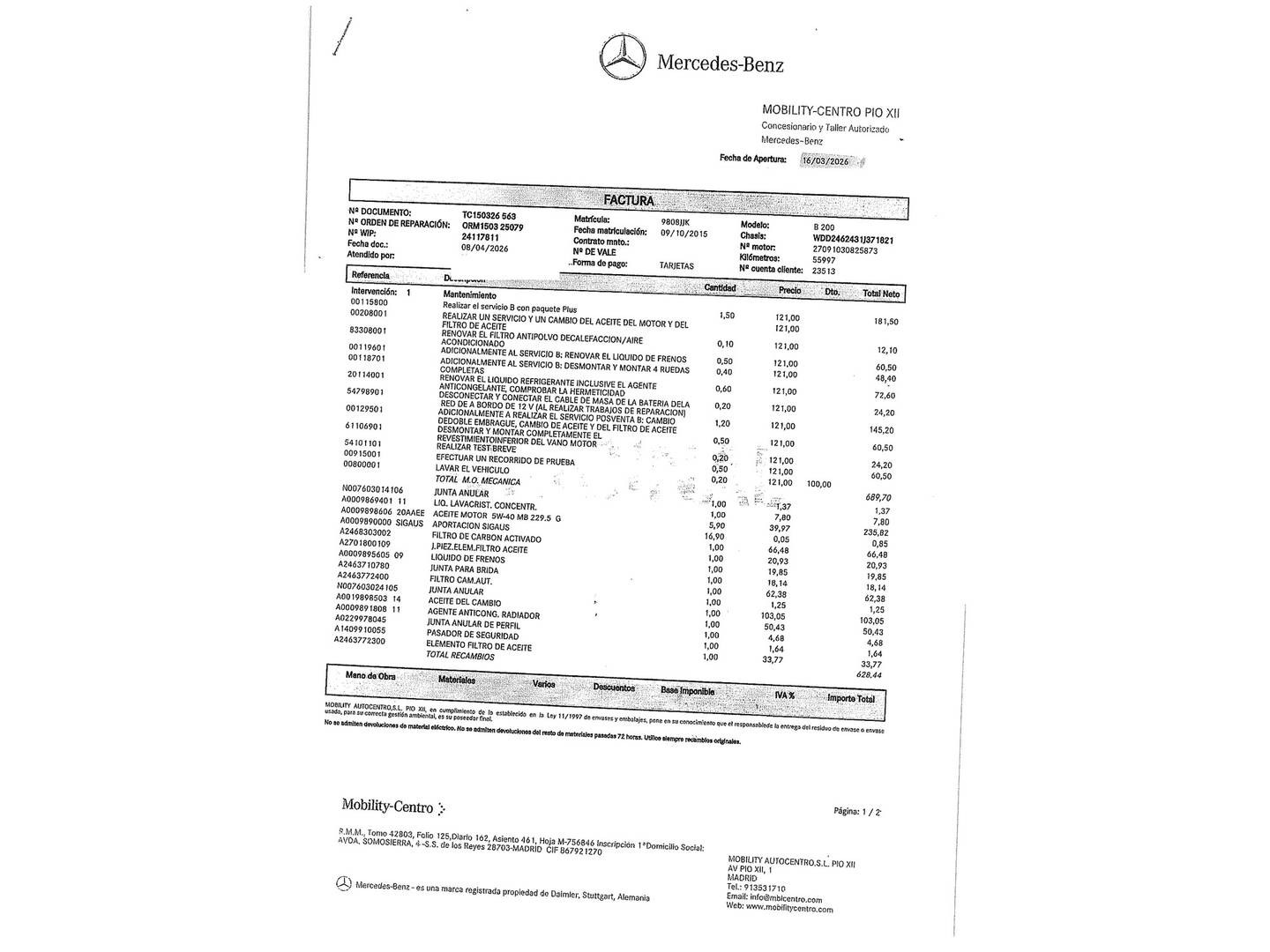 Foto del mantenimiento del Mercedes Clase B Mercedes Clase B B 200 (156 CV)