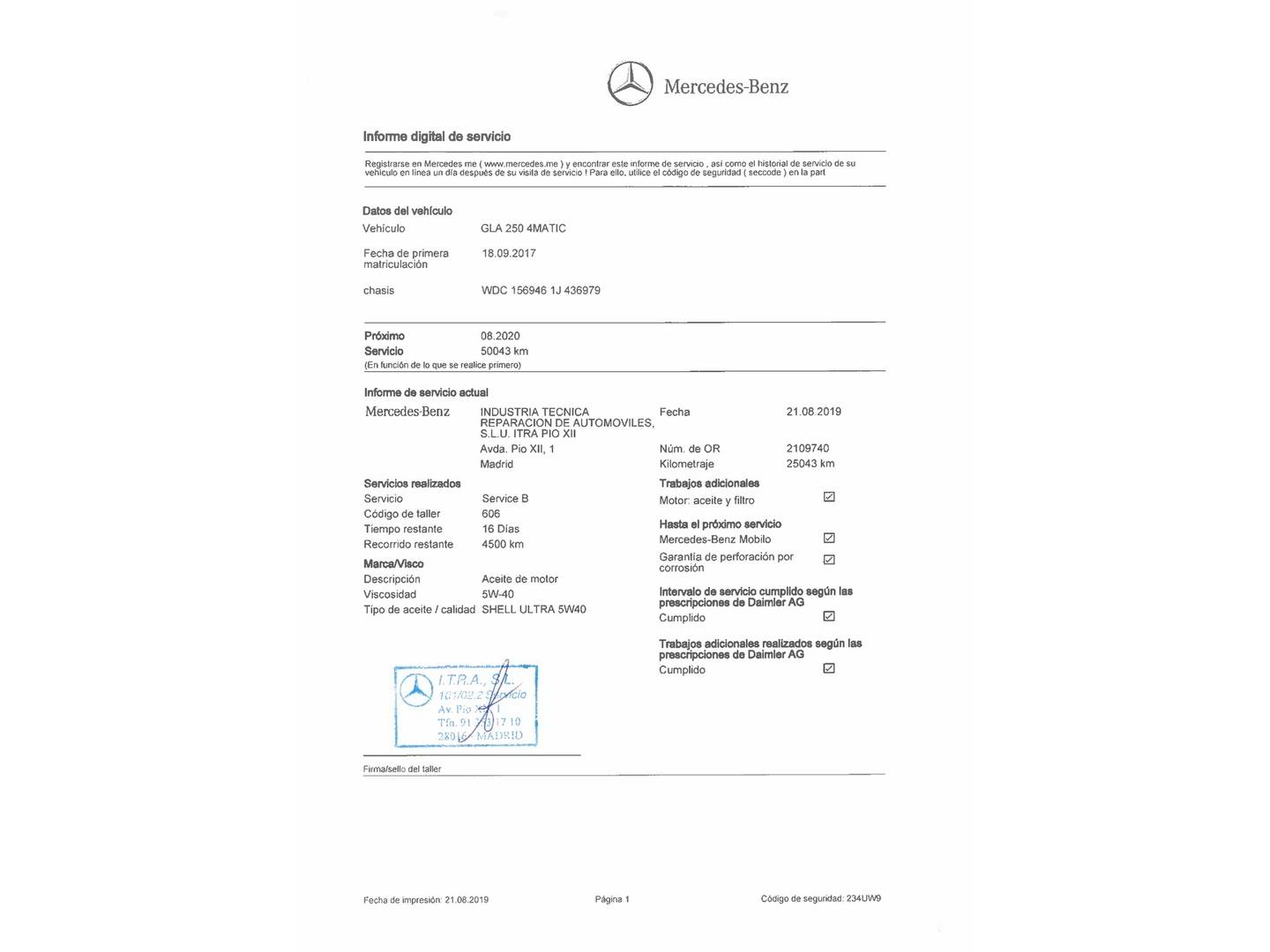 Foto del mantenimiento del Mercedes GLA Mercedes GLA 250 4Matic Urban (211 CV)