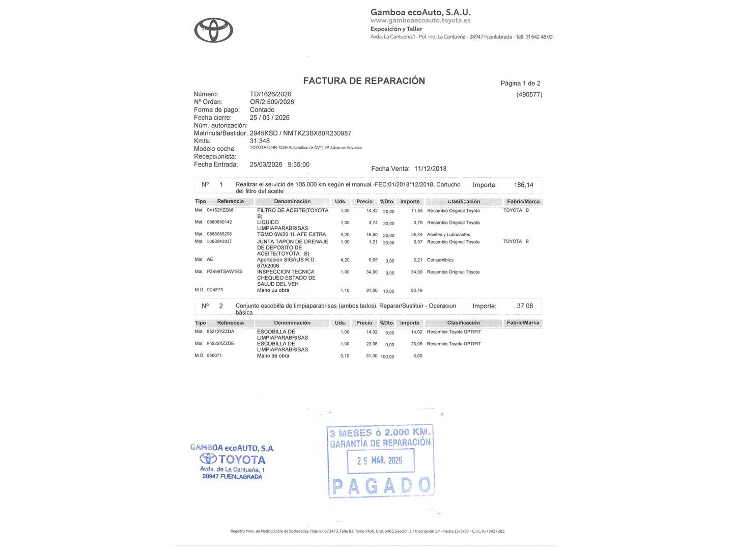 Foto del mantenimiento del Toyota C-HR Toyota C-HR 1.8 125H Advance (122 CV)