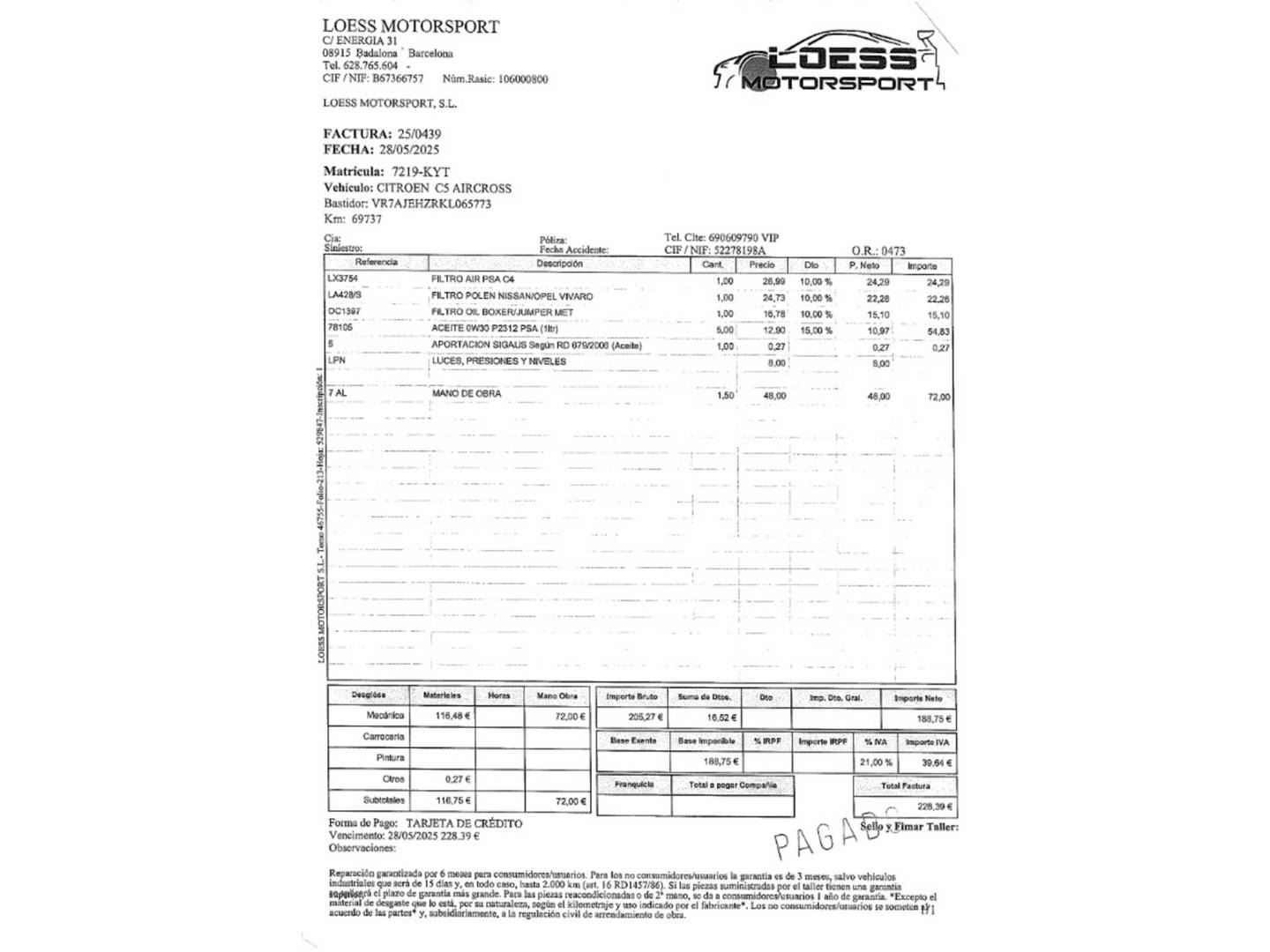 Foto del mantenimiento del Citroën C5 Aircross Citroën C5 Aircross BlueHdi 180 S&S Shine EAT8 (177 CV)