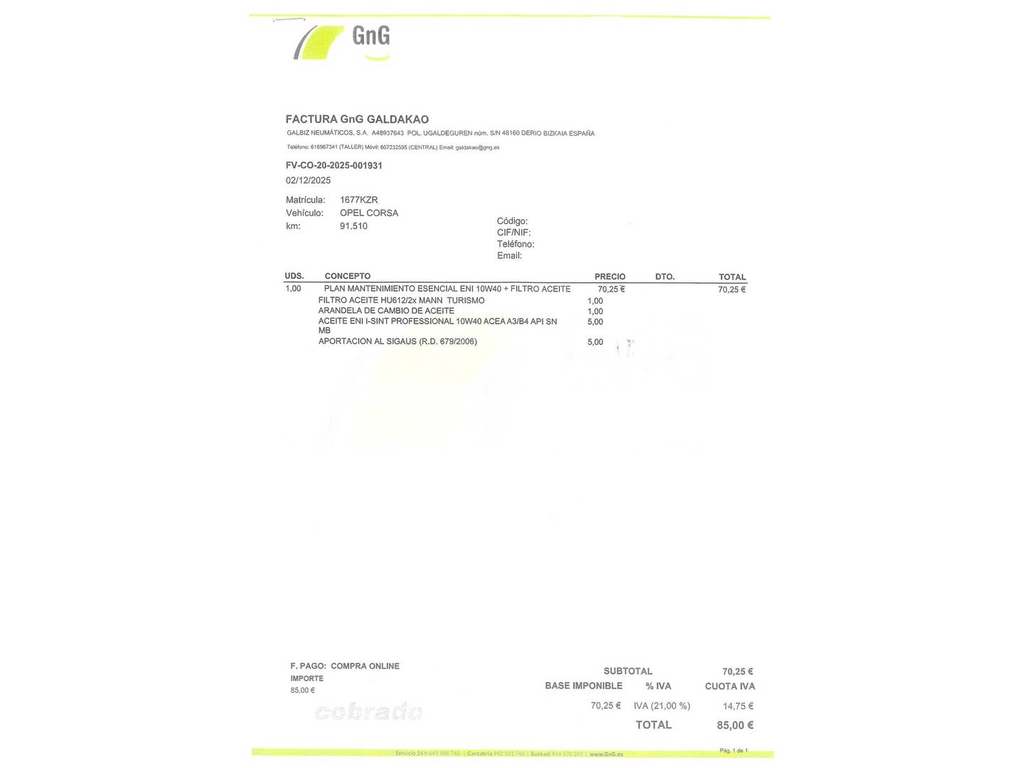 Foto del mantenimiento del Opel Corsa Opel Corsa 1.4 GLP Design Line (90 CV)