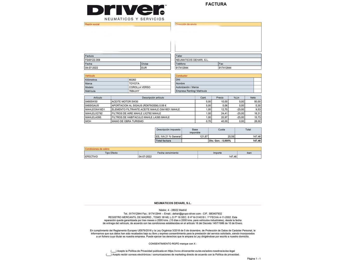 Foto del mantenimiento del Toyota Verso Toyota Verso 140 M-DRV Advance Multidrive (147 CV) 7 Plazas