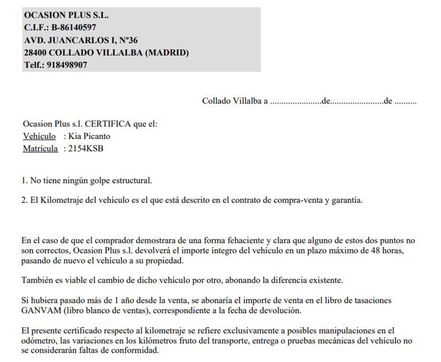 Foto del certificado del KIA Picanto Kia Picanto 1.0 CVVT Concept Pack Comfort  (67 CV)