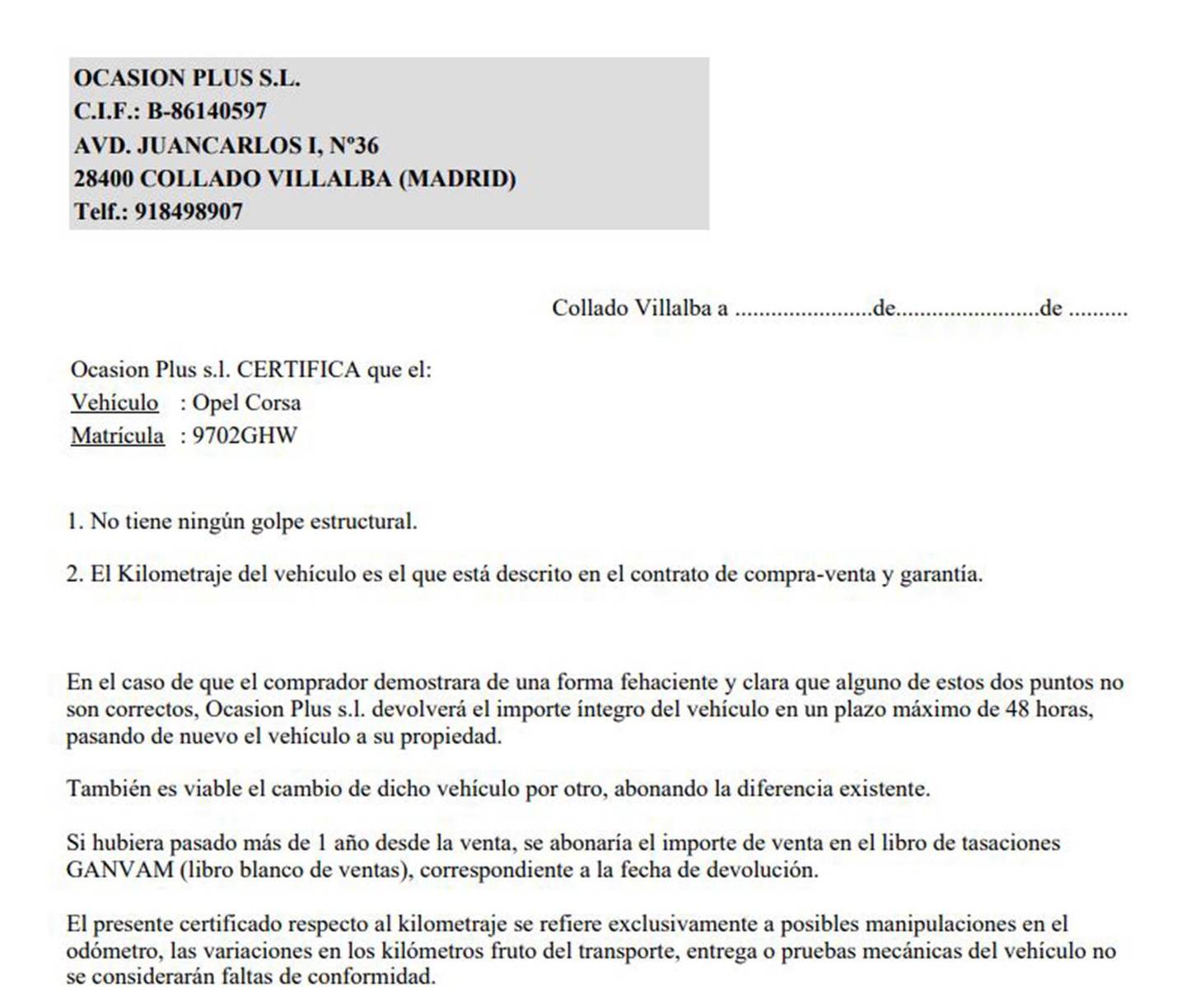Foto del certificado del Opel Corsa Opel Corsa 1.4 Enjoy (90 CV)